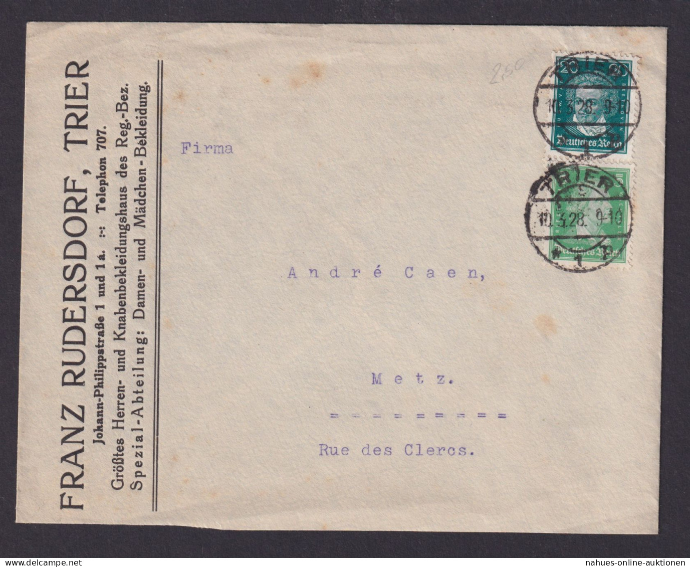 Deutsches Reich Brief MIF Berühmte Deutsche Reklame Franz Rudersdorf Trier Metz - Storia Postale