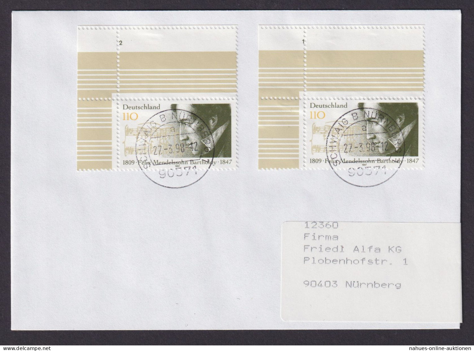 Abart Bund 1953 Mendelssohn Bartholdy Musik Komponist Plus Leerfeld + Formnummer - Storia Postale