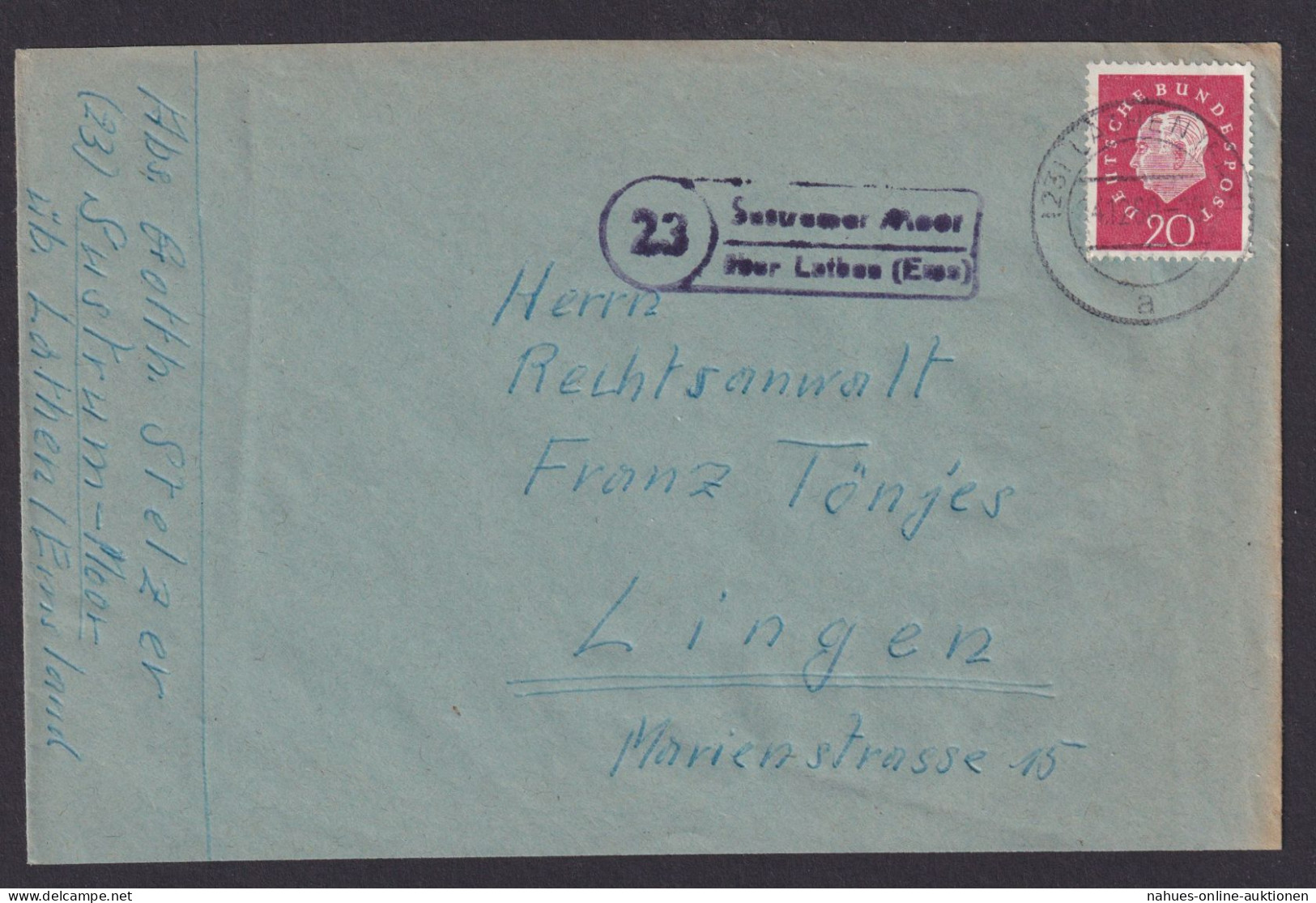 Bund Brief EF 20 Pfg. Heuss Landpoststempel Sustrum Moor über Lathen Ems Nach - Lettres & Documents
