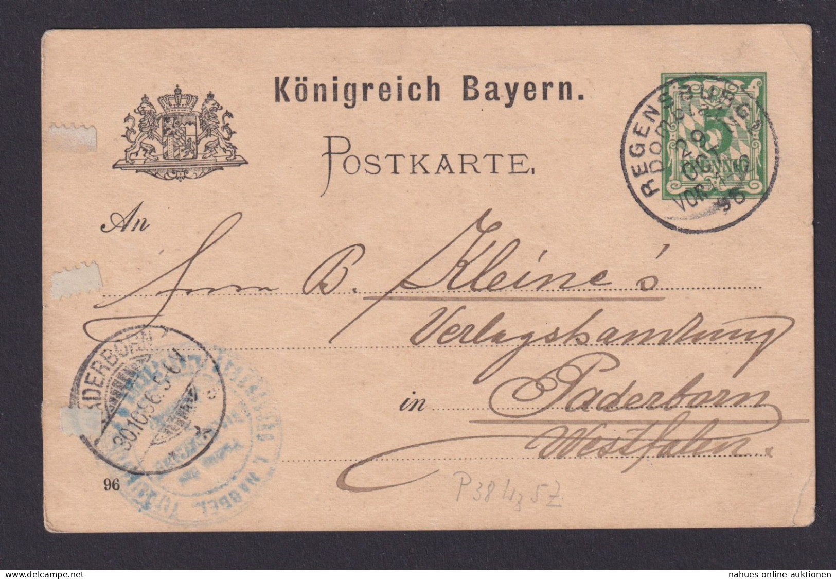 Briefmarken Altdeutschland Bayern K1 REGENSBURG DOMPLATZ Nach Paderborn - Postal  Stationery