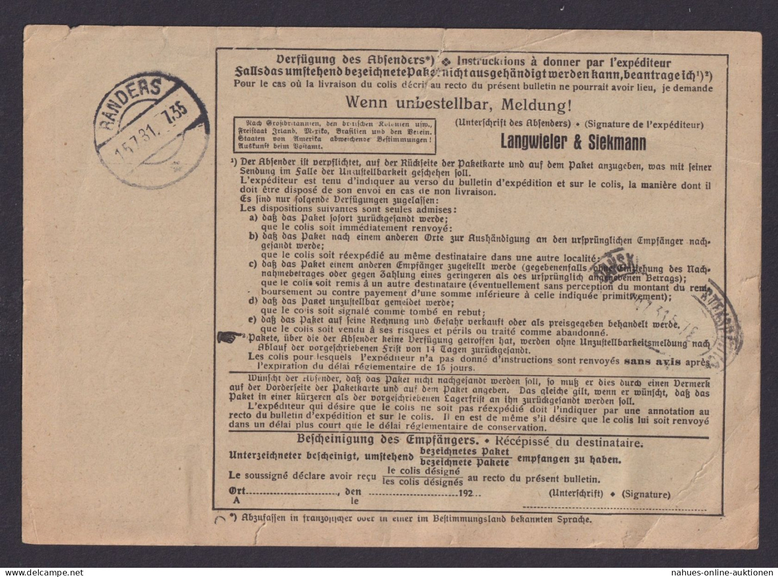 Deutsches Reich MIF Korbdeckel + Reichspräsident Hindenburg Paketkarte Wuppertal - Covers & Documents