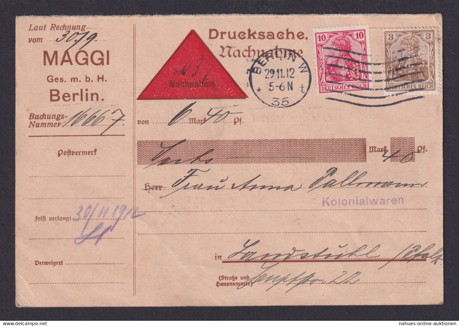 Briefmarken Perfin Lochung Nachnahme Deutsches Reich Brief MIF Germania Reklame - Covers & Documents