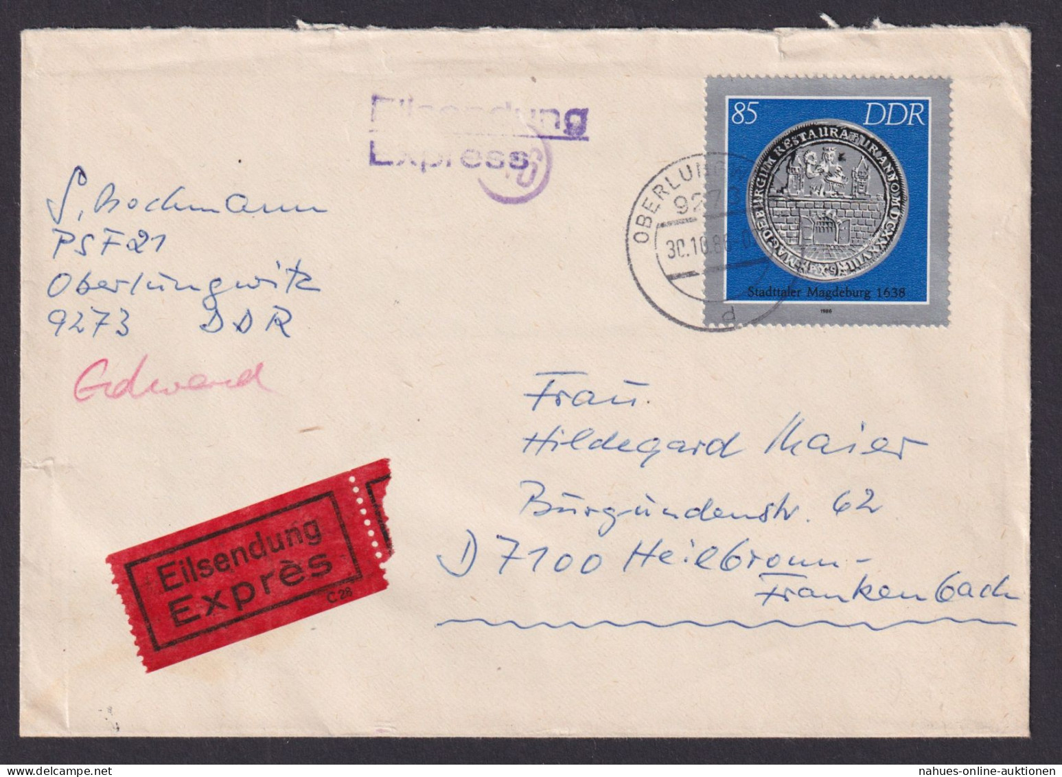 DDR Eilboten Brief EF 3043 Münzen Städtetaler Oberlungwitz Heilbronn Frankenbach - Storia Postale