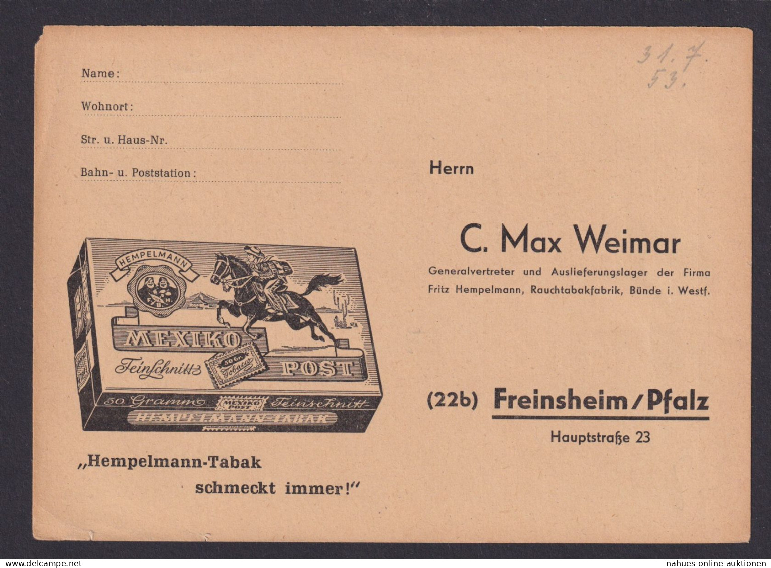 Freinsheim Pfalz Reklame C. Max Weimar Tabak Mexiko Post Rauchen Bundesrepublik - Lettres & Documents