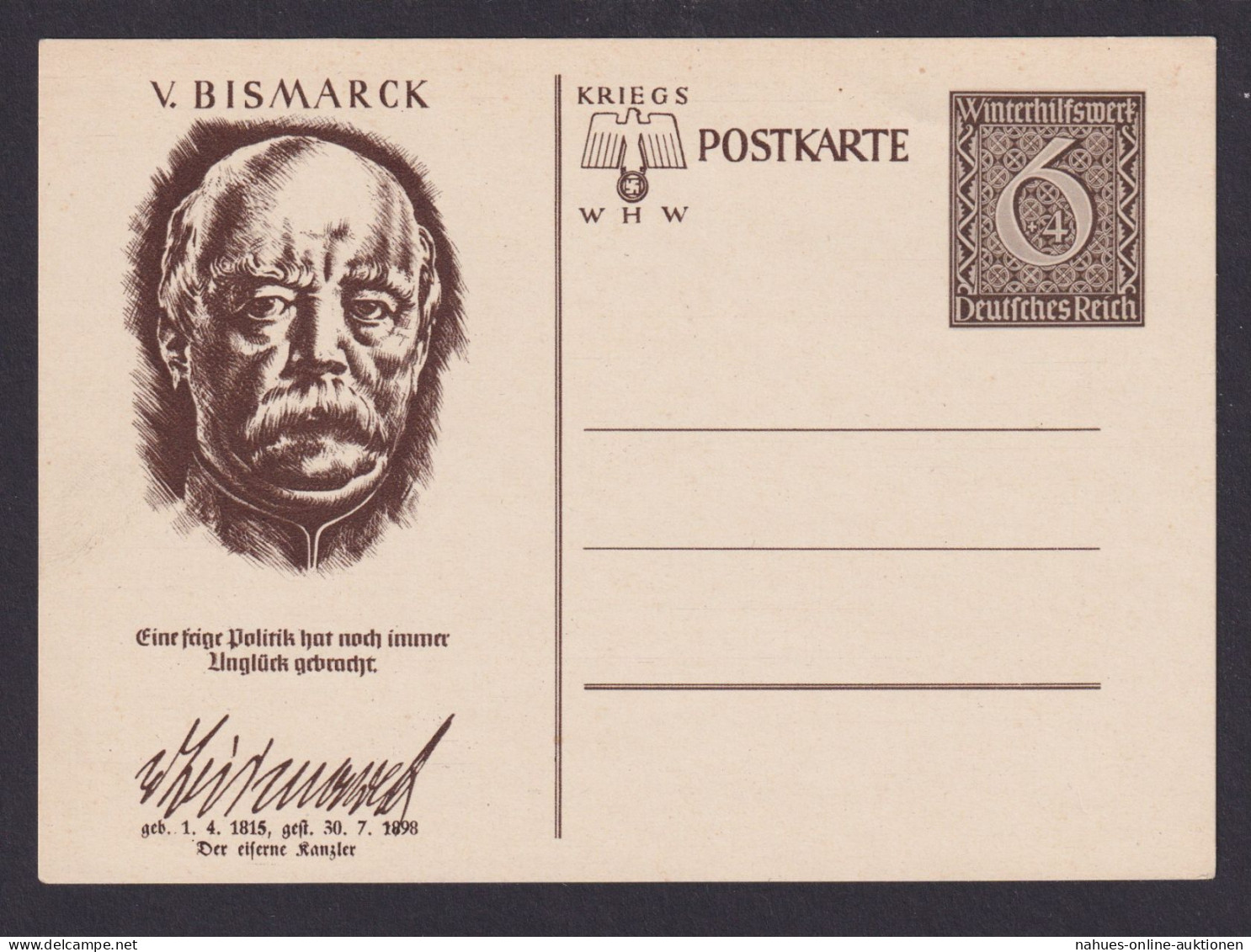 Briefmarken Deutsches Reich Ganzsache WHW Winterhilfswerk Von Bismarck 1939 - Briefe U. Dokumente