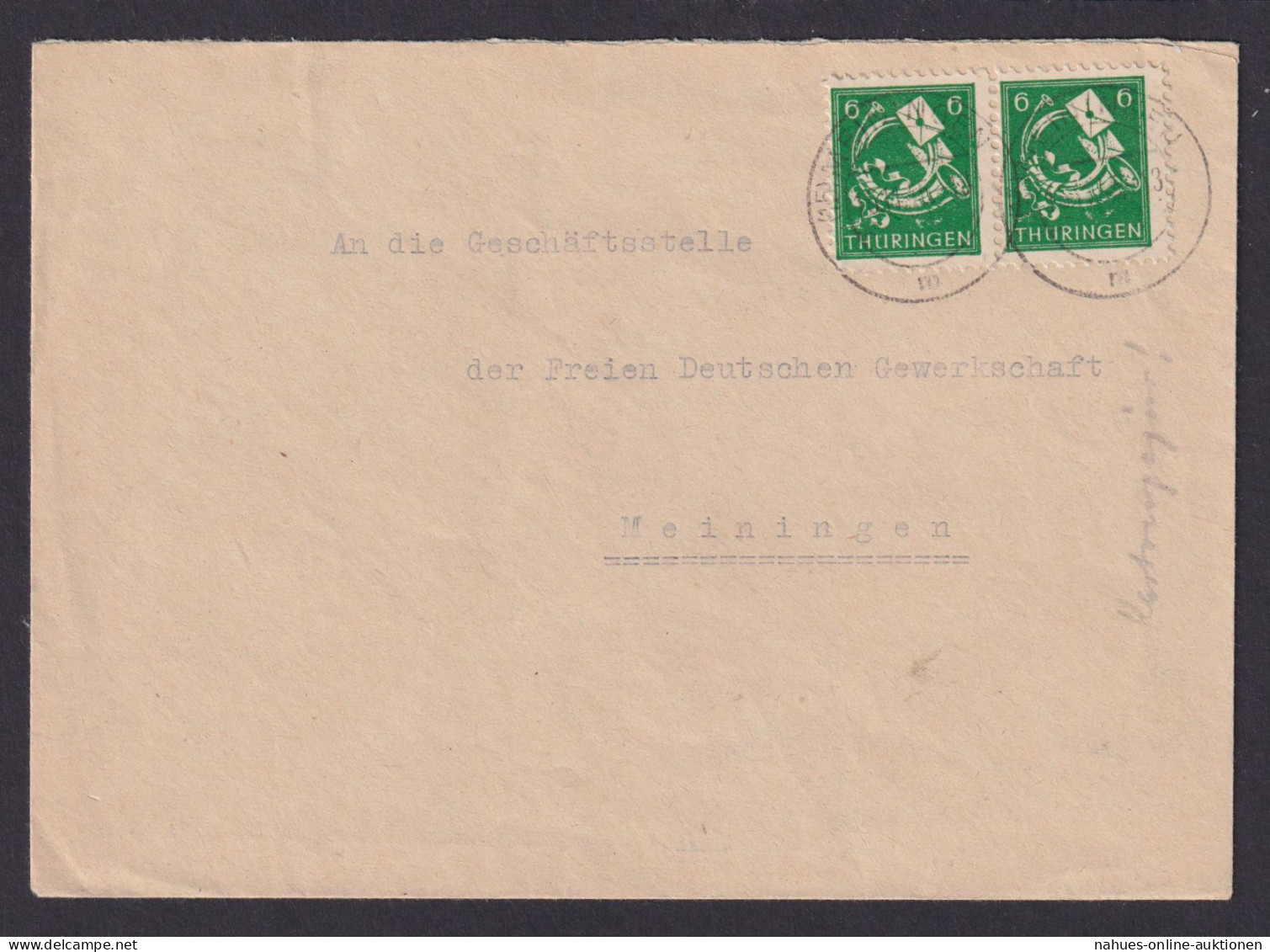 Briefmarken SBZ Thüringen Brief MEF 6 Pfg. Paar Ortsbrief Meiningen 15.11.1945 - Autres & Non Classés