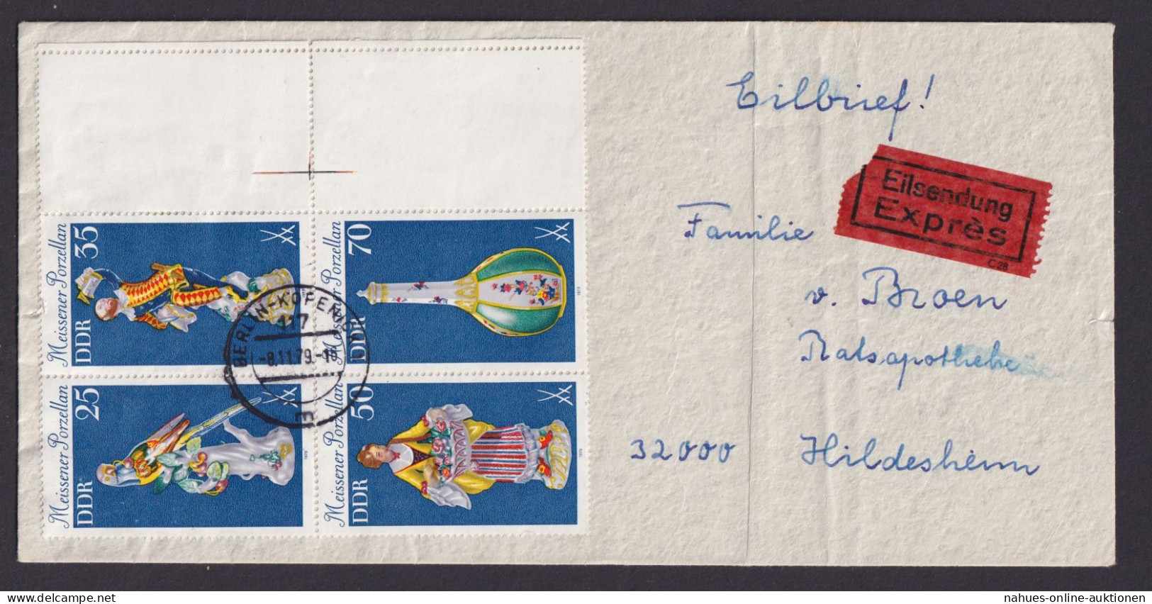 Gezähntes Leerfeld Briefmarken DDR Zusammendruck Eilboten Meissener Porzellan - Storia Postale