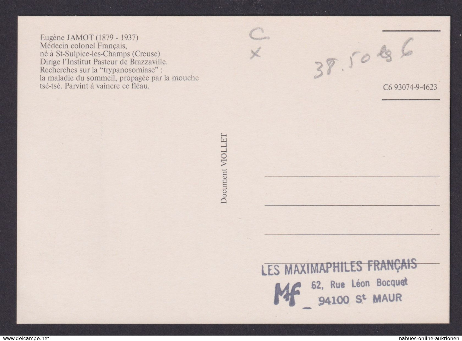 Briefmarken Frankreich 2593 Medizin Maximumkarte Eugene Jamot - Cartas & Documentos
