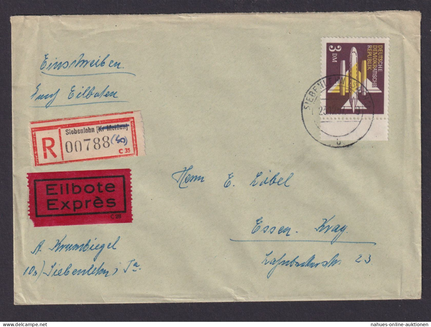Briefmarken Flugpost Air Mail DDR 3 DM Vom Rand Siebenlehn Essen Kray - Cartas & Documentos