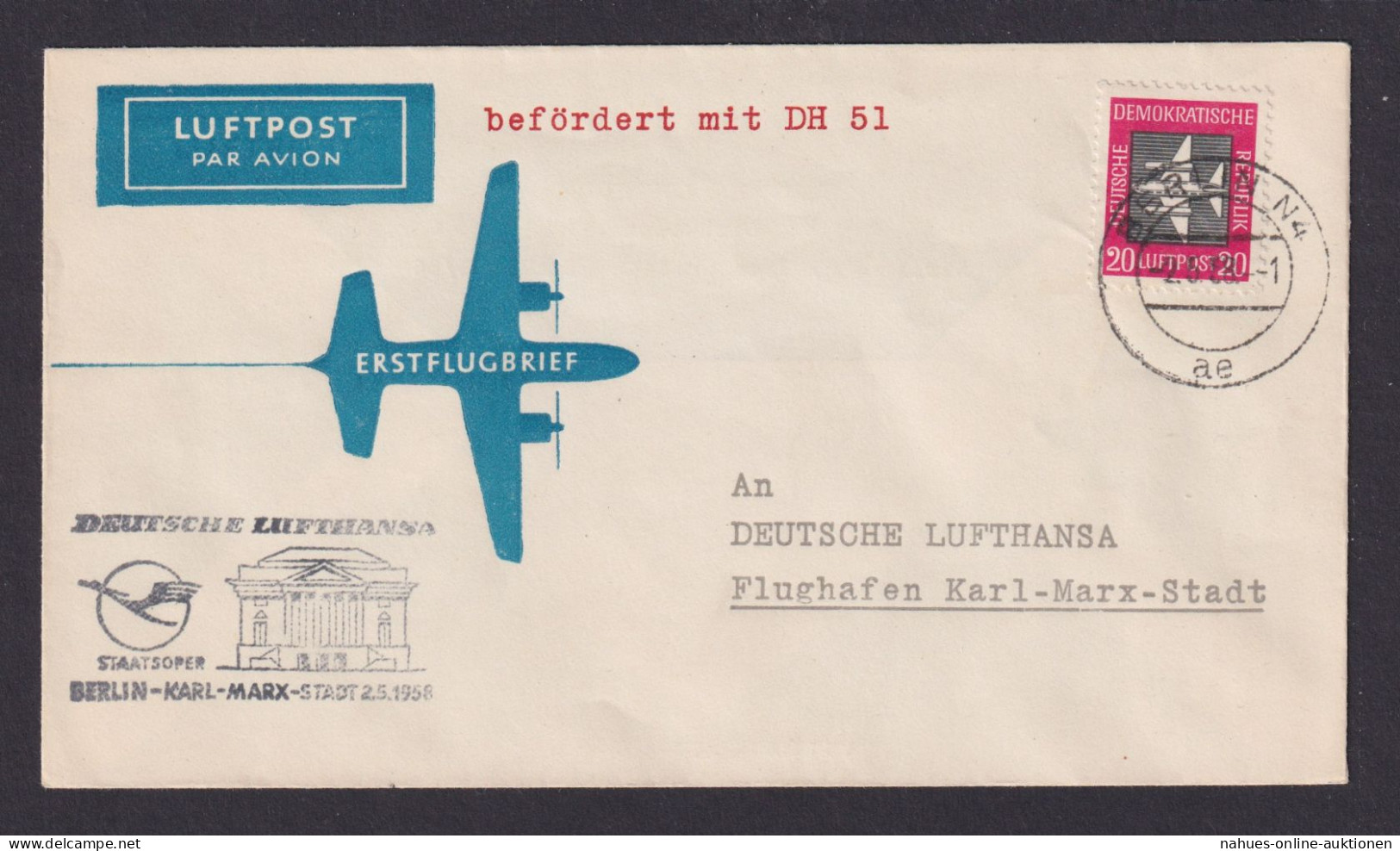 DDR Brief EF 20 Pfg. Flugpost Lufthansa DH 51 Erstflug Selt. SST Staatsoper Karl - Lettres & Documents