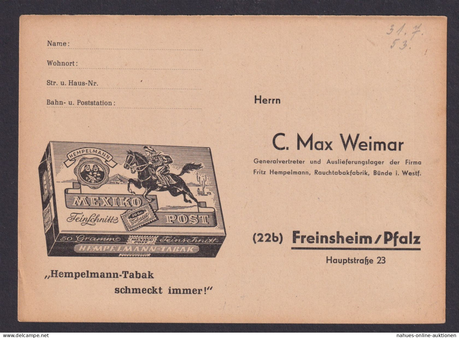 Freinsheim Pfalz Reklame Max Weimar Tabak Mexiko Post Rauchen Bundesrepublik - Briefe U. Dokumente