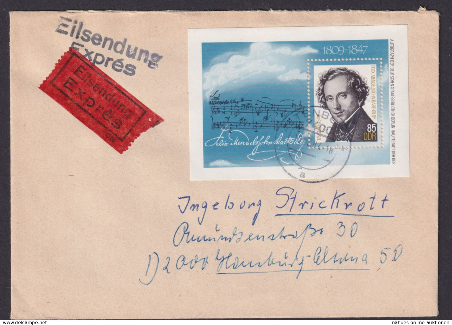 DDR Eilboten Brief EF Block 76 Mendelssohn Bartholdy Musik Komponist Stendahl - Cartas & Documentos