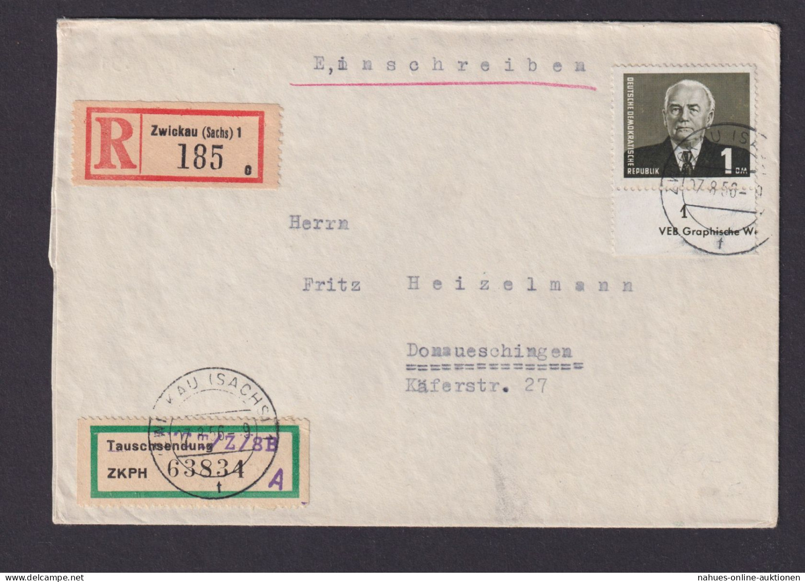 Briefmarken DDR R Brief Pieck III Unterrand Druckvermerk Zwickau Donaueschingen - Covers & Documents