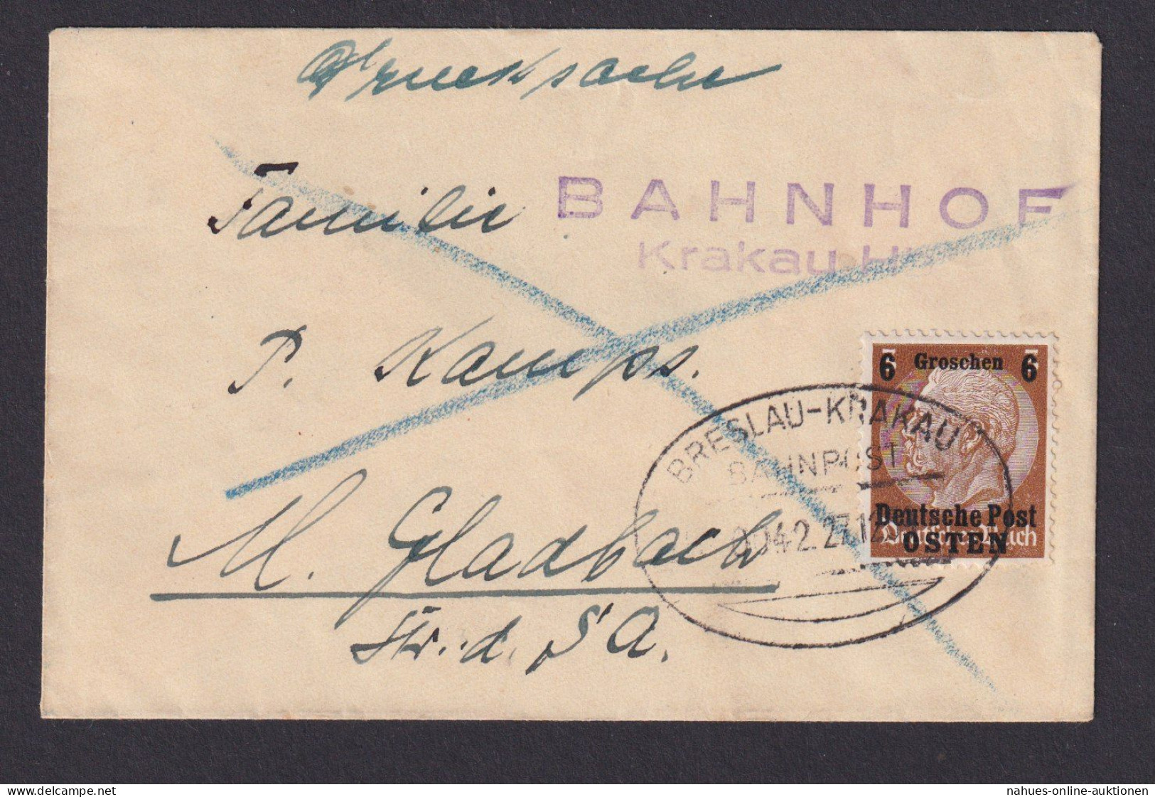 Bahnpost Besetzung Polen Generalgouvernement Brief Breslau Krakau Viol. L2 - Otros & Sin Clasificación