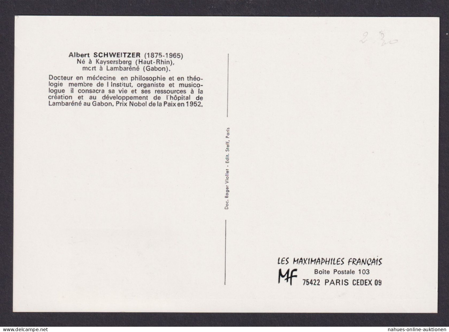 Briefmarken Frankreich 1901 Albert Schweitzer Arzt Medizin Maximumkarte - Storia Postale