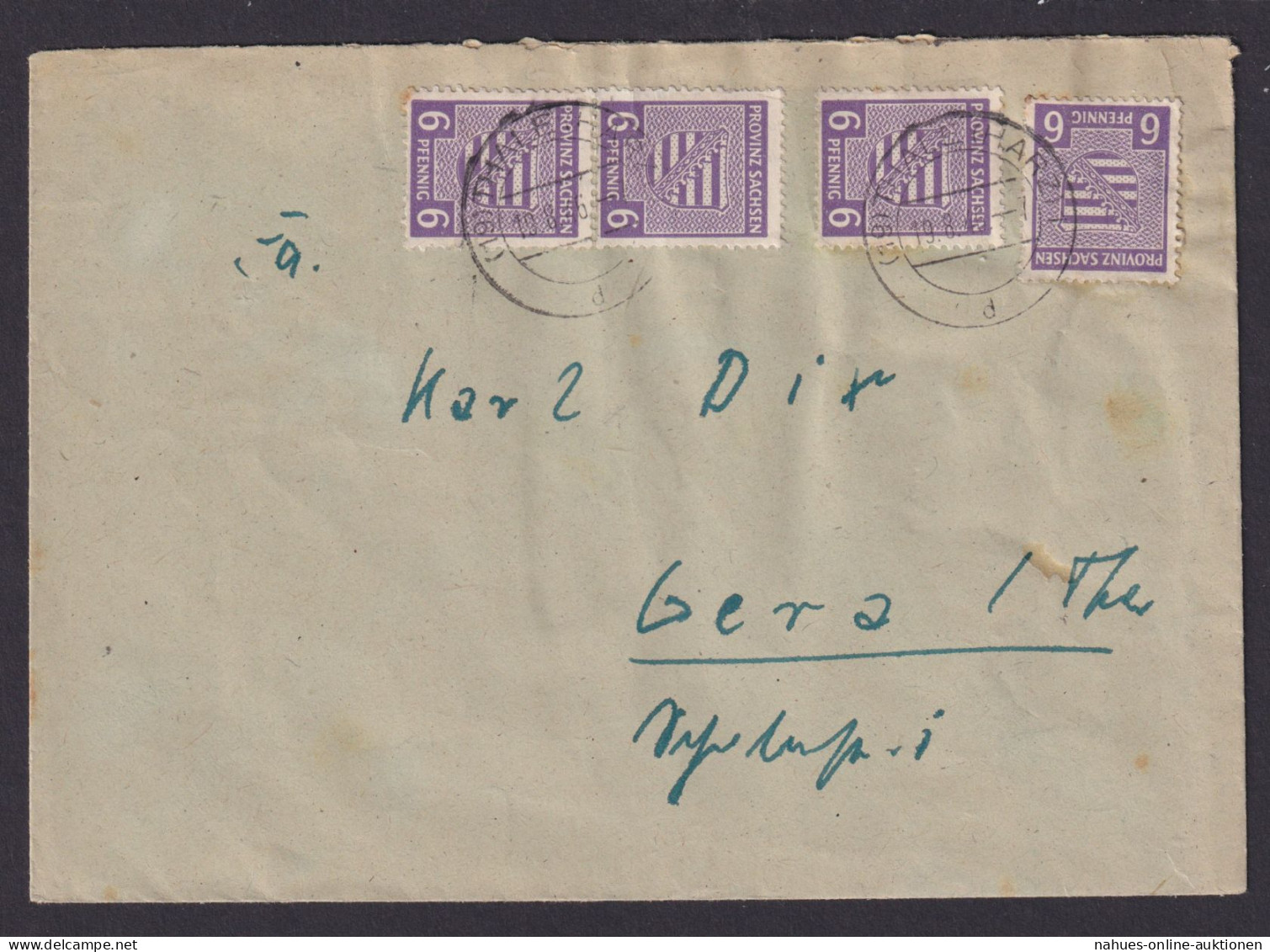 Briefmarken SBZ Brief MEF 6 Pfg. Provinz Sachsen Thale Harz N Gera 19.8.1946 - Autres & Non Classés