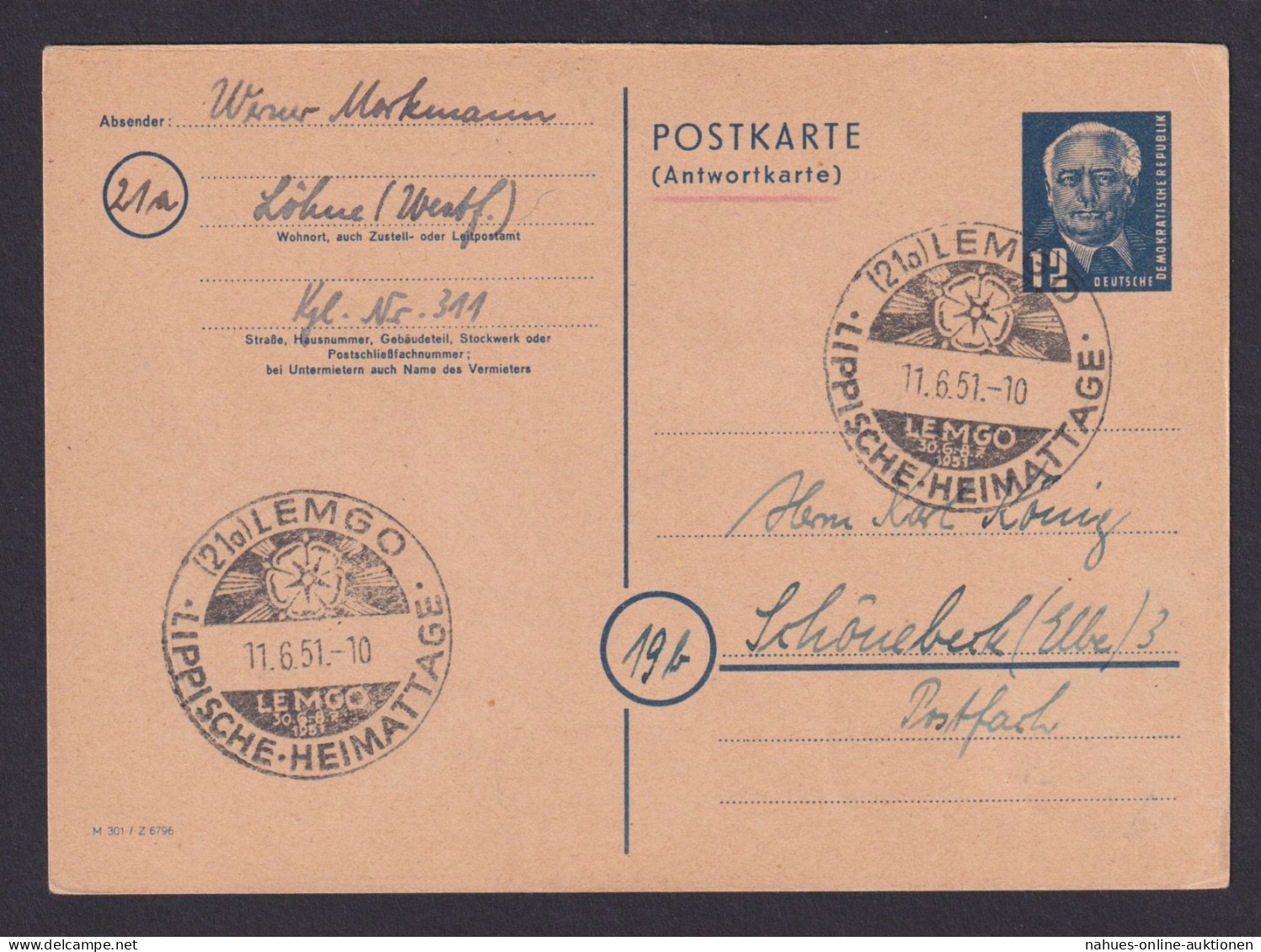 DDR Ganzsache Pieck P 46 Antwort Guter SST Lemgo Lippishe Heimattage Schönebeck - Cartes Postales - Oblitérées