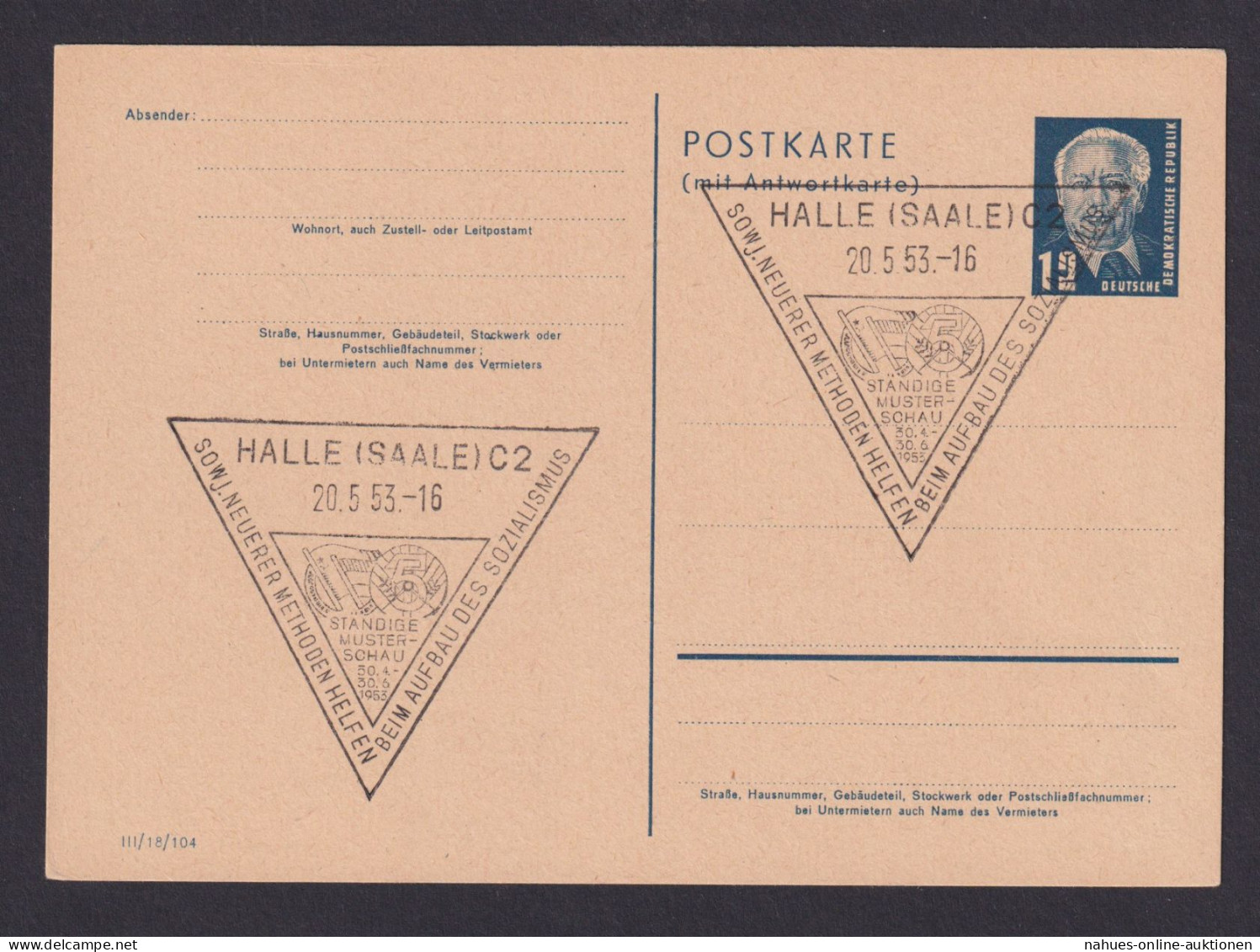 DDR Ganzsache Pieck P 51 A 01 Antwort Mit Tollem SST Halle Sowjetunion Neuerer - Postkaarten - Gebruikt