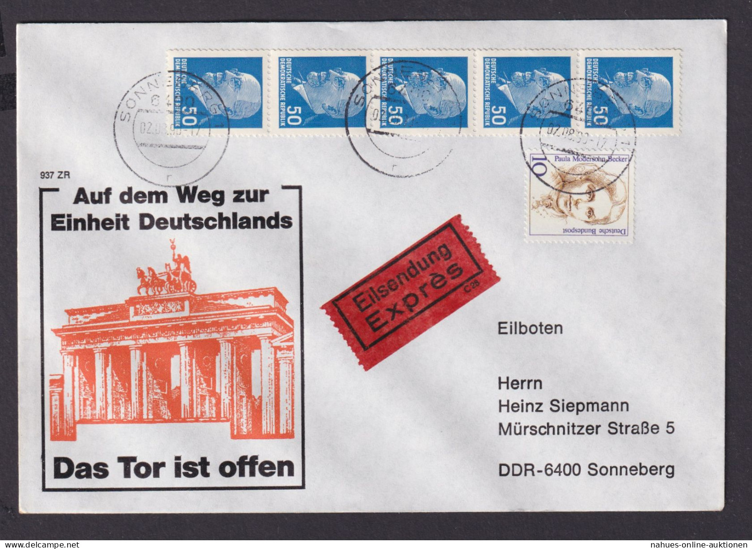 Briefmarken DDR Brief Einheit Deutschland Berlin Brandenburger Tor Ab Sonneberg - Storia Postale