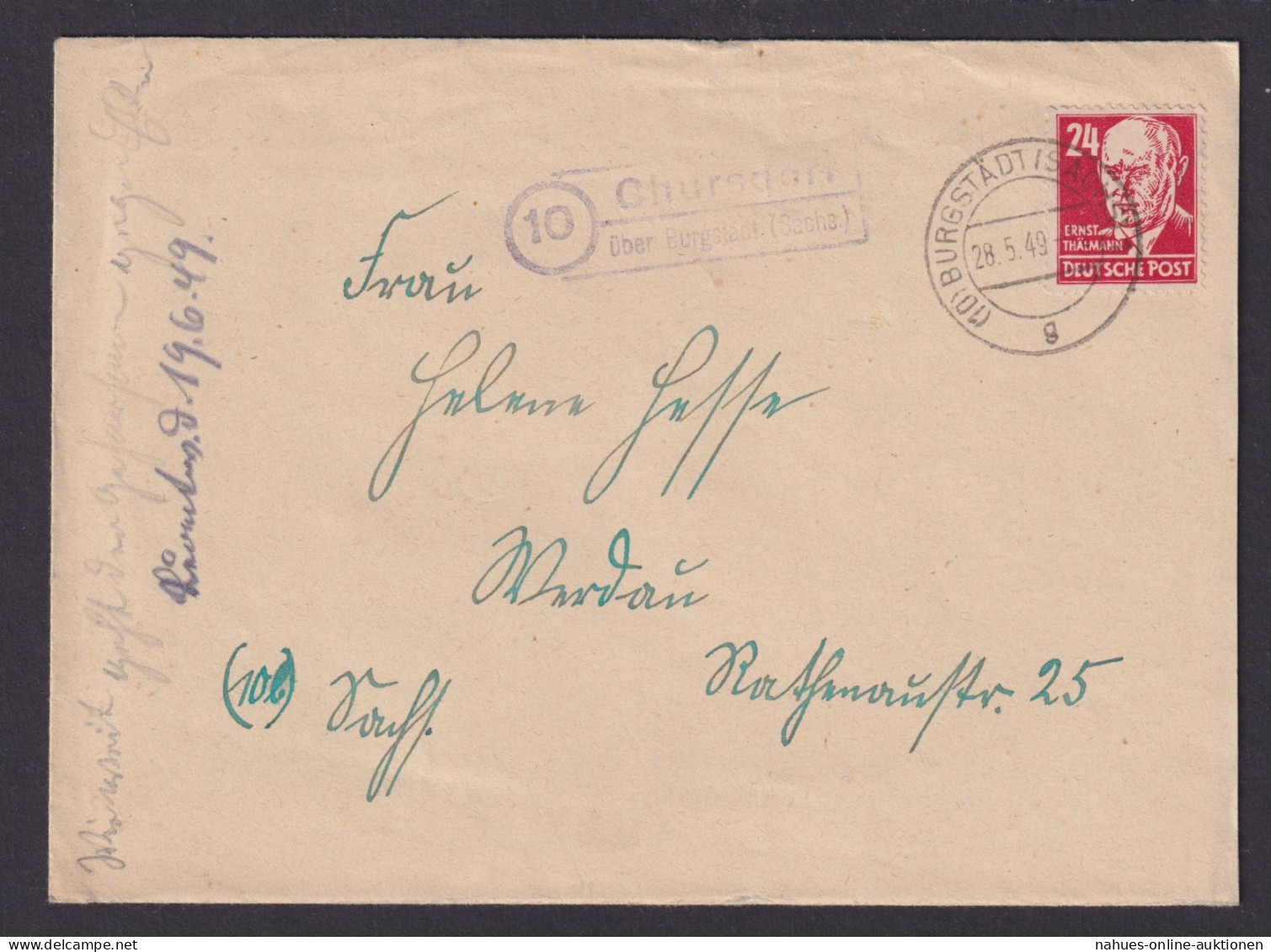 Briefmarken SBZ Brief Landpoststempel Chursdorf über Burgstädt Sachsen EF 24 Pfg - Autres & Non Classés