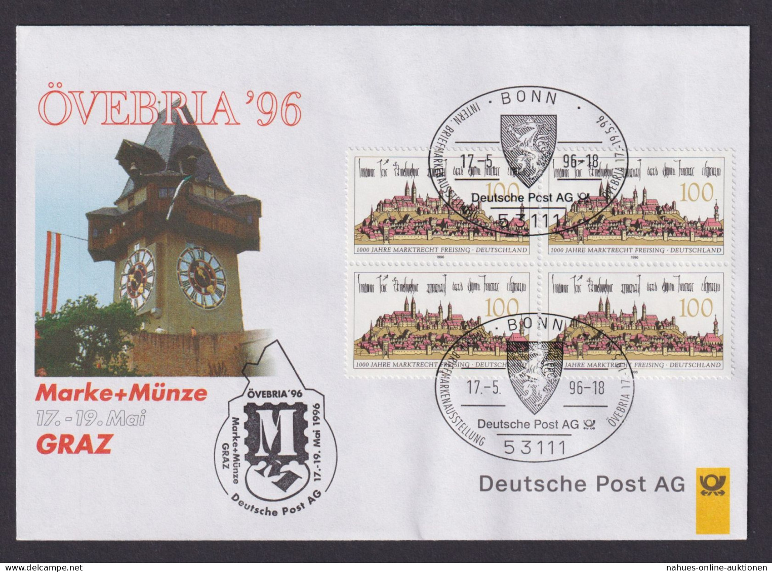 Philatelie Viererblock Brief MEF Briefmarkenausstellung Övebria 1996 Graz - Lettres & Documents