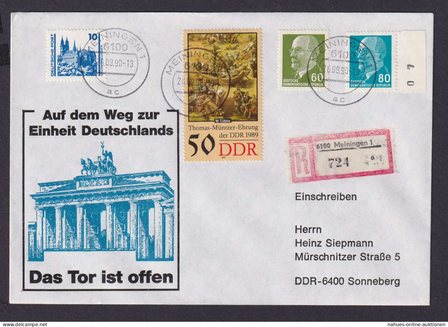 Briefmarken DDR R Brief Einheit Deutschland Berlin Brandenburger Tor Meiningen - Briefe U. Dokumente