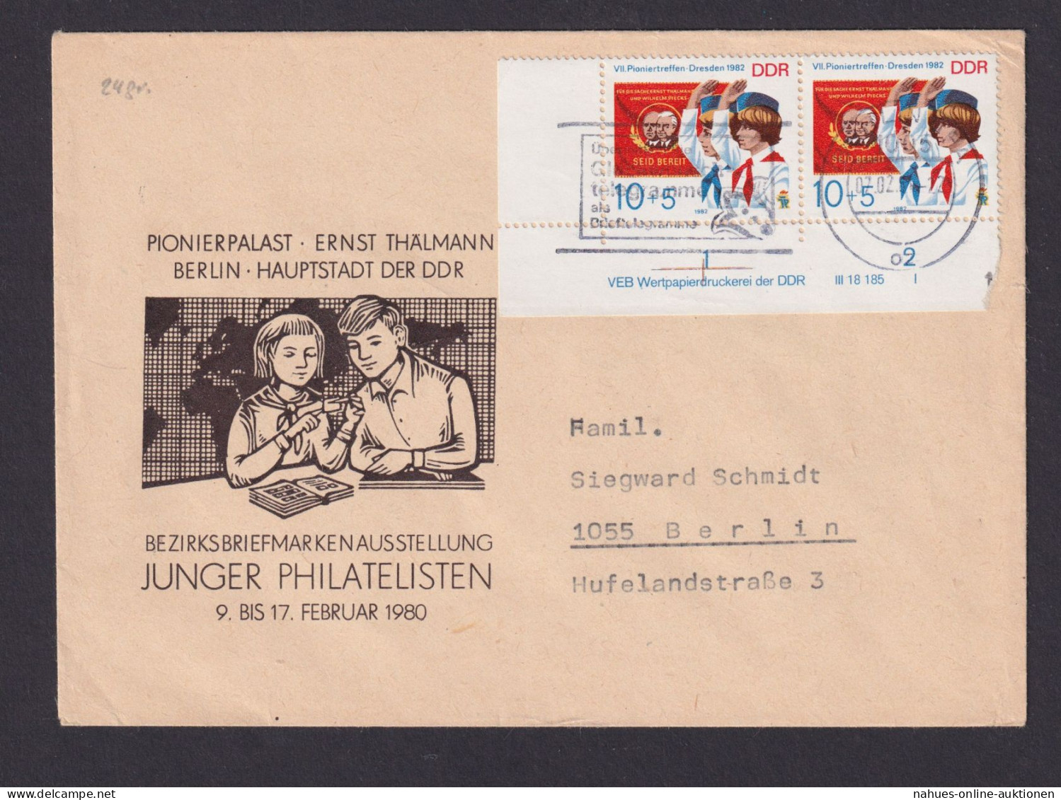 Briefmarken DDR Brief DV Druckvermerk Bogenecke Eckrand Paar 2724 Pioniere - Brieven En Documenten