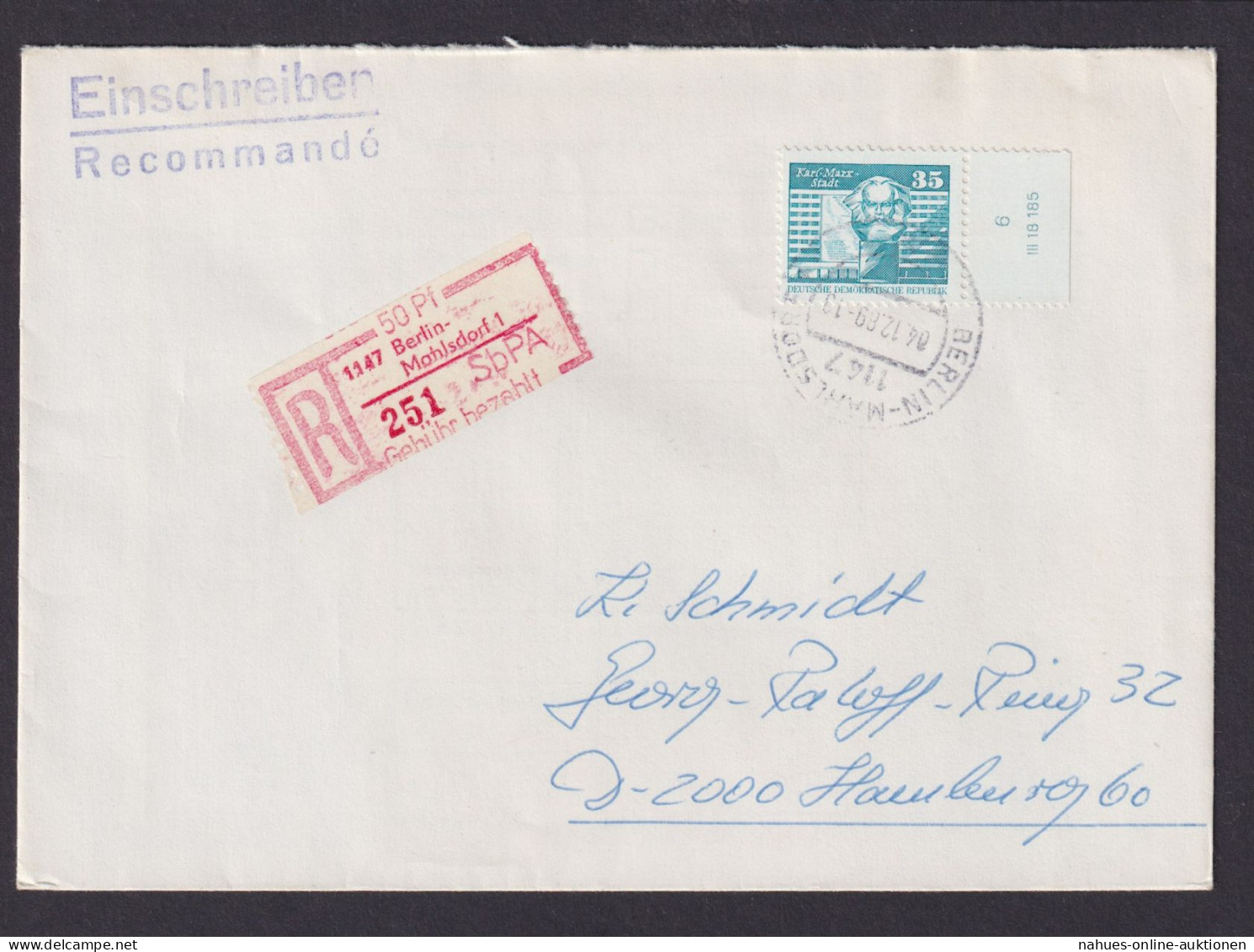 Briefmarken DDR Einschreibemarke Druckvermerk Berlin Mahlsdorf 50 Pfg. + 2506 DV - Covers & Documents