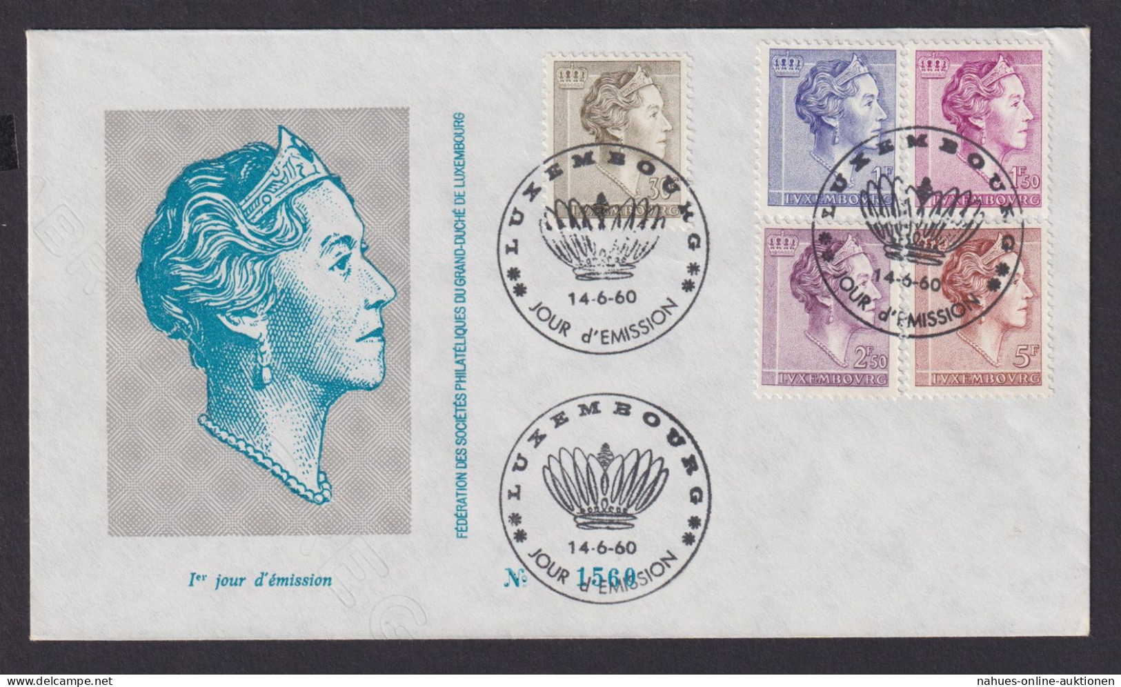 Luxemburg 623 + 625-628 Großherzogin Charlotte Brief FDC 14.6.1960 - Storia Postale