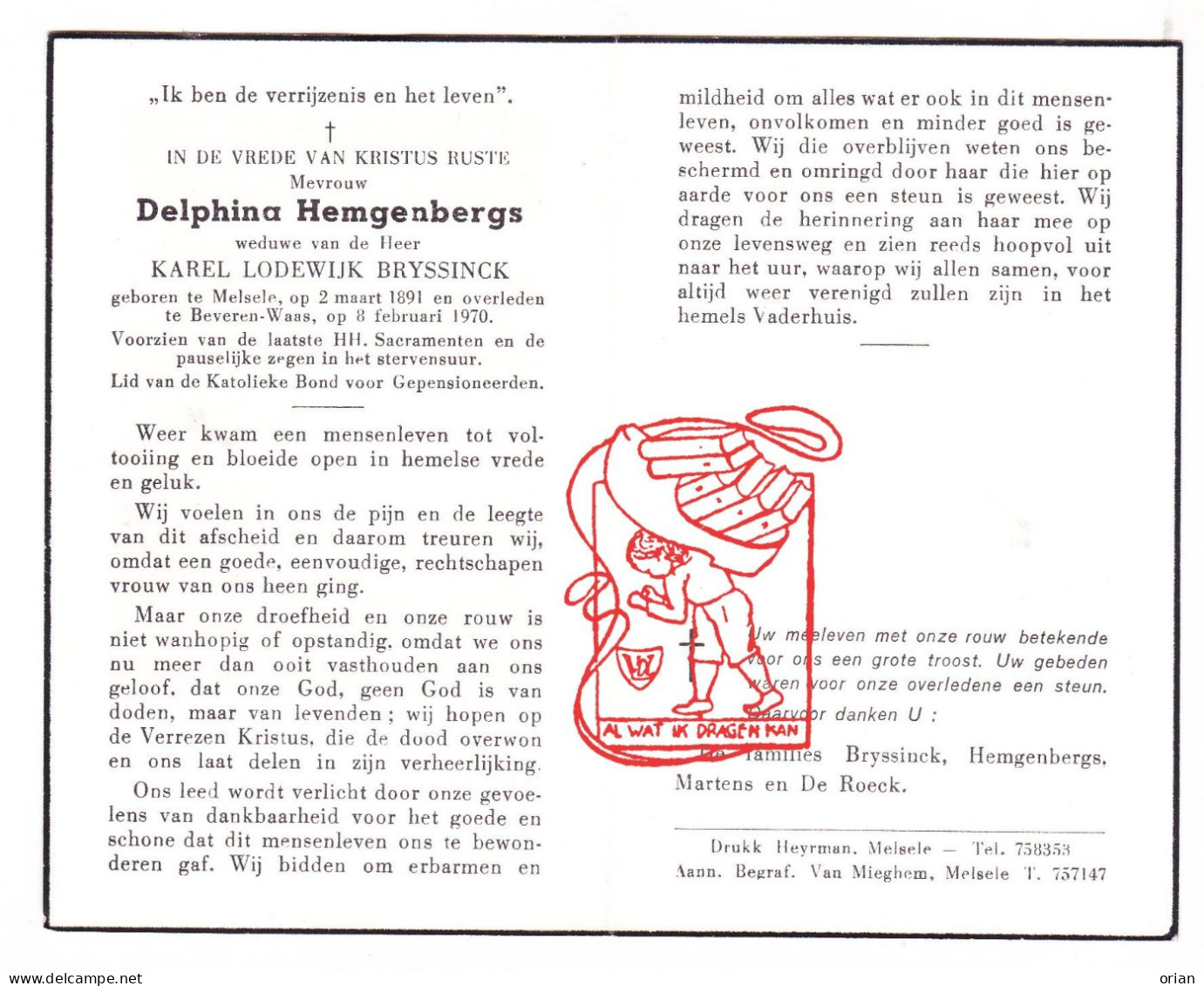 DP Delphina Hemgenbergs ° Melsele 1891 † Beveren Waas 1970 X Karel Bryssinck // Martens De Roeck - Devotion Images
