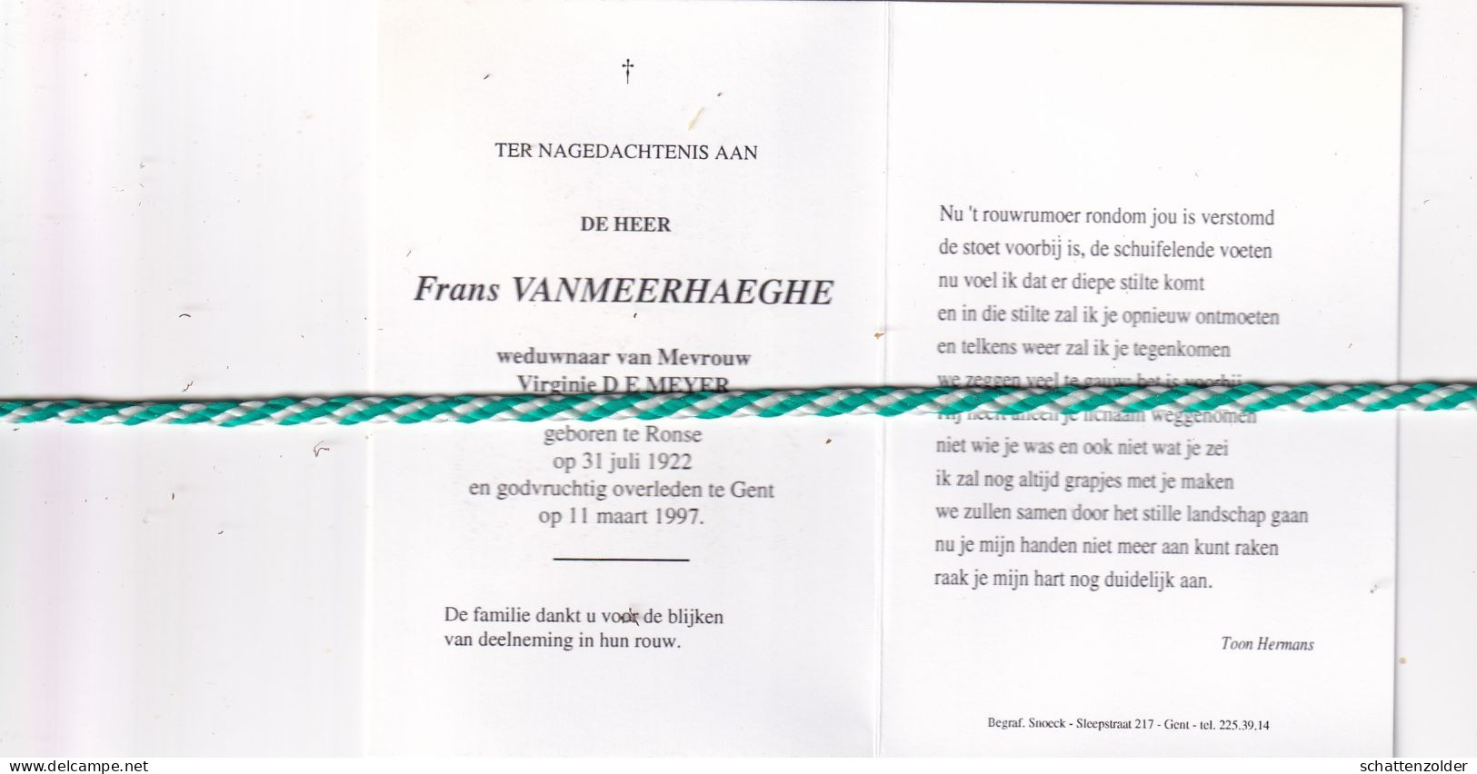 Frans Vanmeerhaeghe-De Meyer, Ronse 1922, Gent 1997. Foto - Obituary Notices