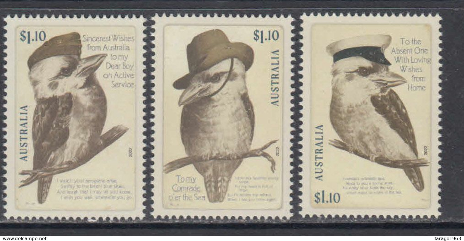 2022 Australia Postcards To The Front WWI Military Birds Complete Set Of 3 MNH  @ BELOW FACE VALUE - Nuovi