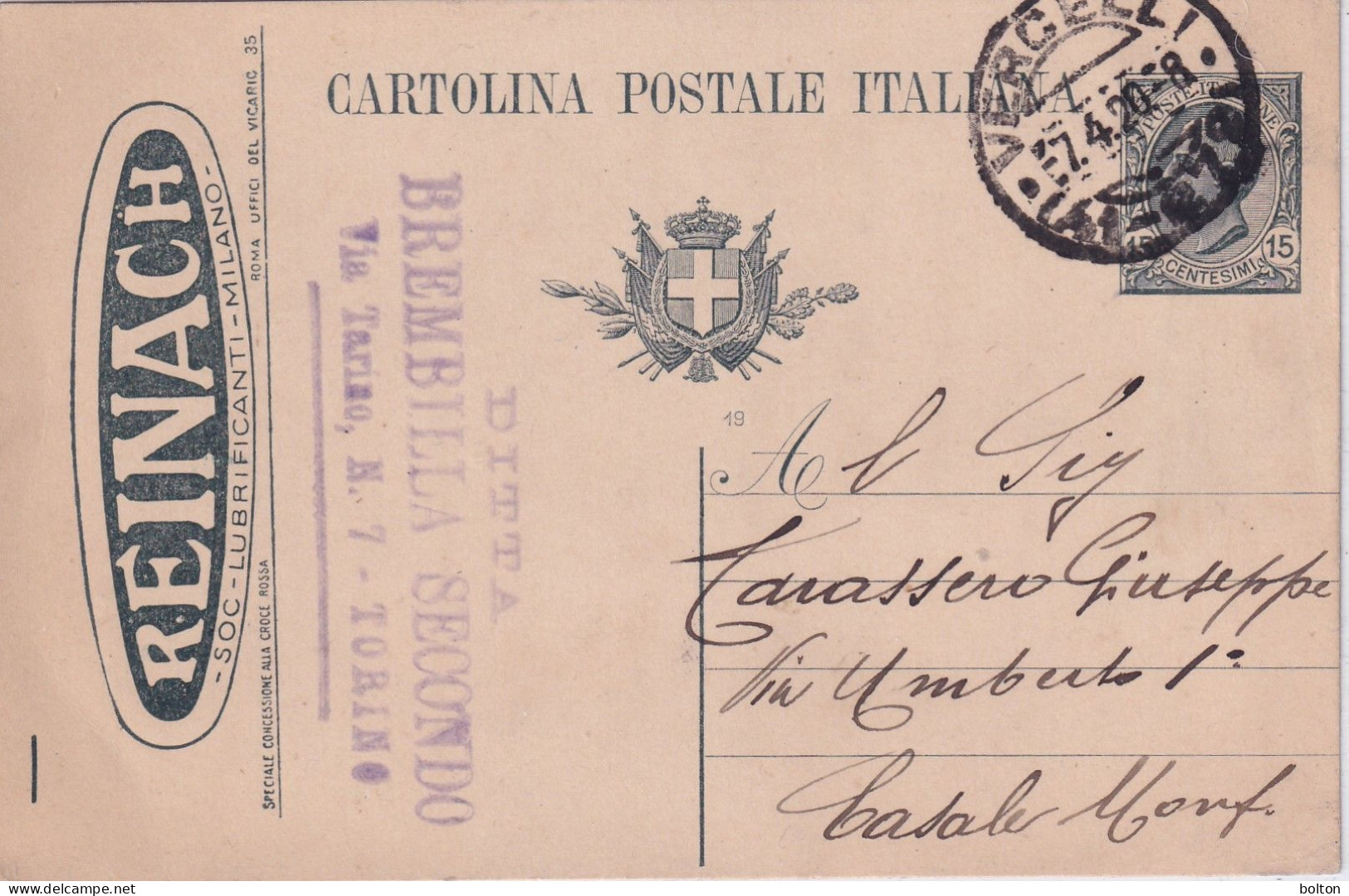 1919 Intero  Postale  15c Con  Pubblicità  REINACH LUBRIFICANTI PER AUTOMOBILI - Auto's