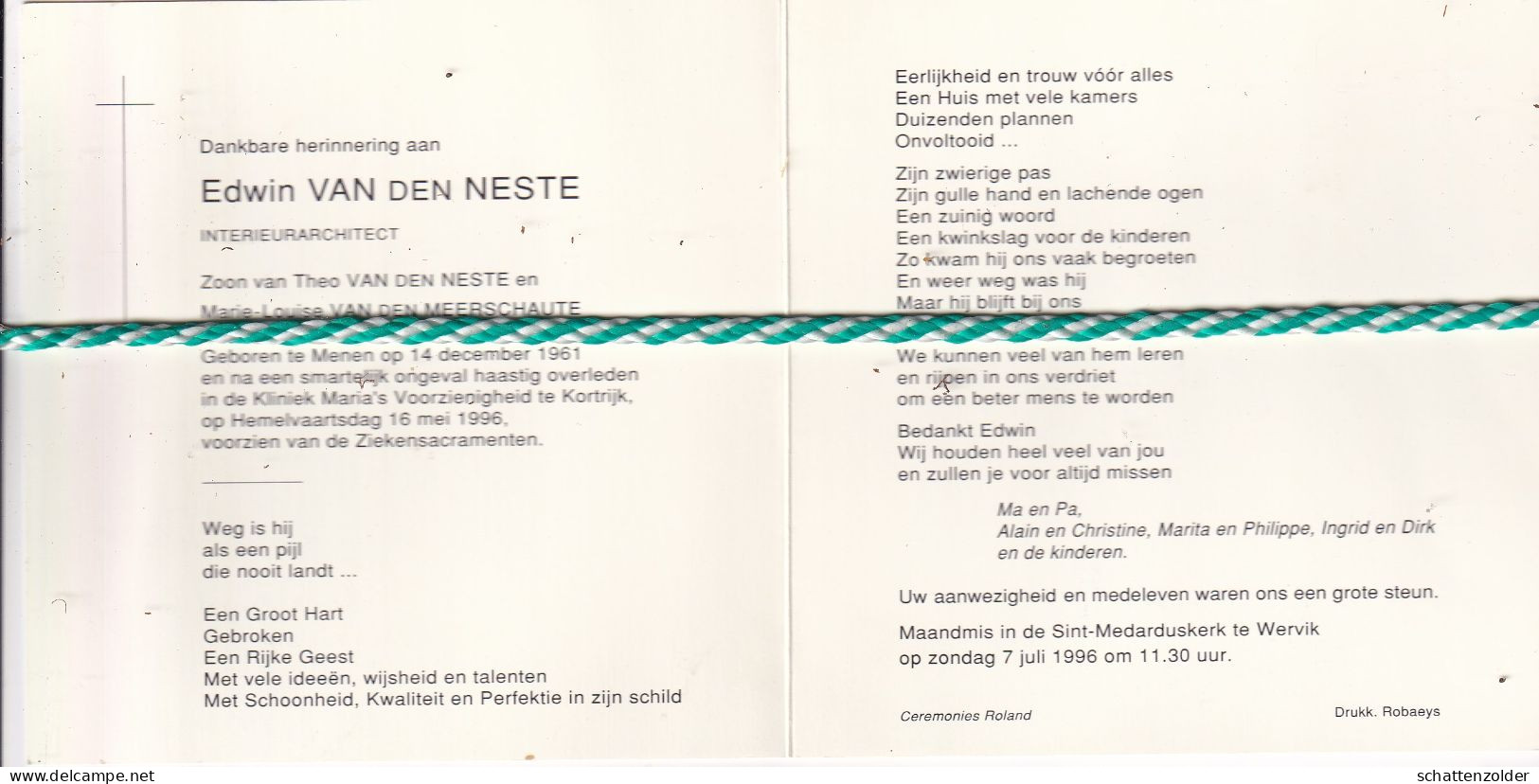 Edwin Van Den Neste, Menen 1961, Kortrijk 1996. Interieurarchitect, Foto - Obituary Notices