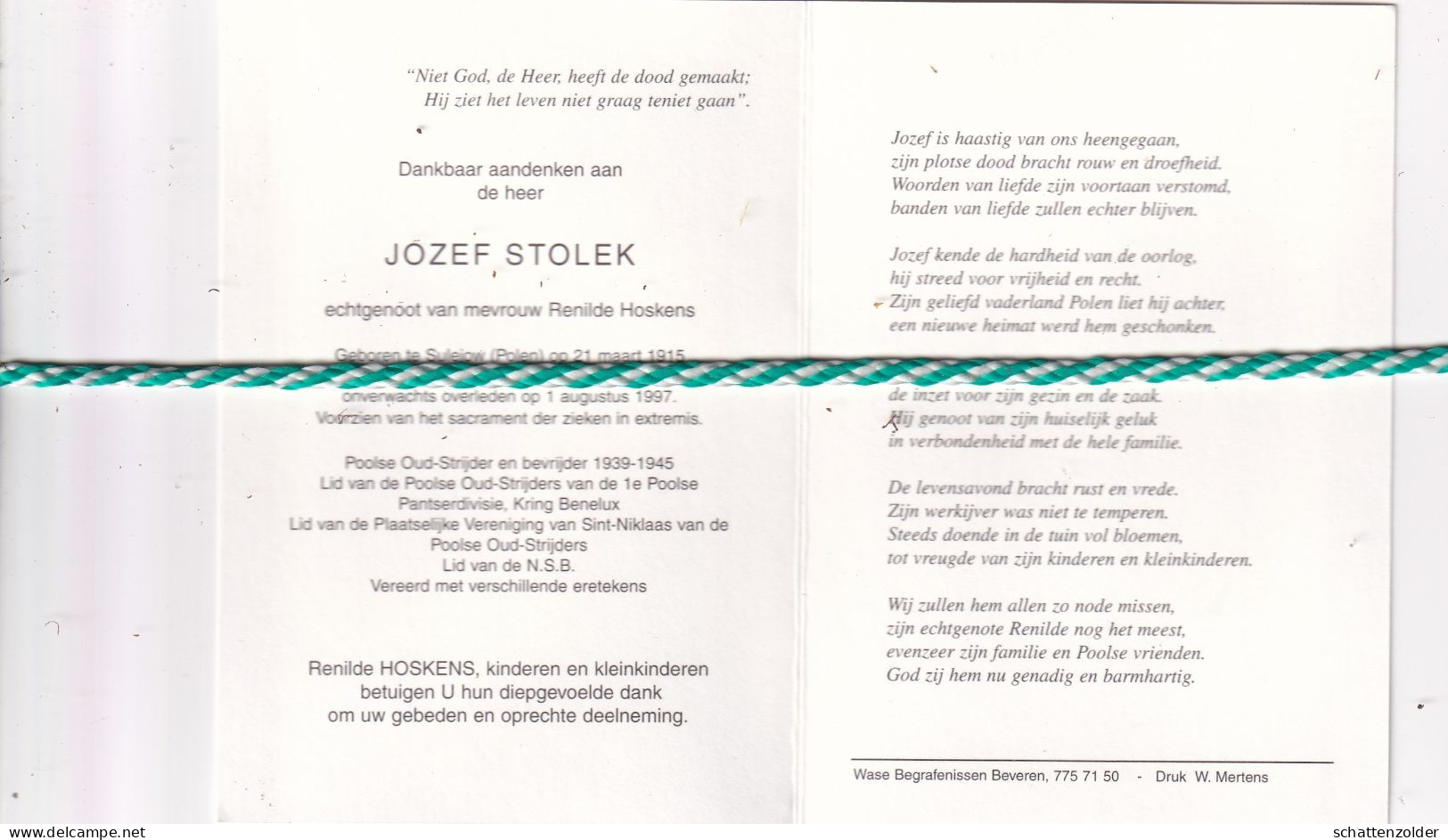 Jozef Stolek-Hoskens, Sulejow (Polen) 1915; 1997. Poolse Oud-strijder En Bevrijder. Foto - Obituary Notices