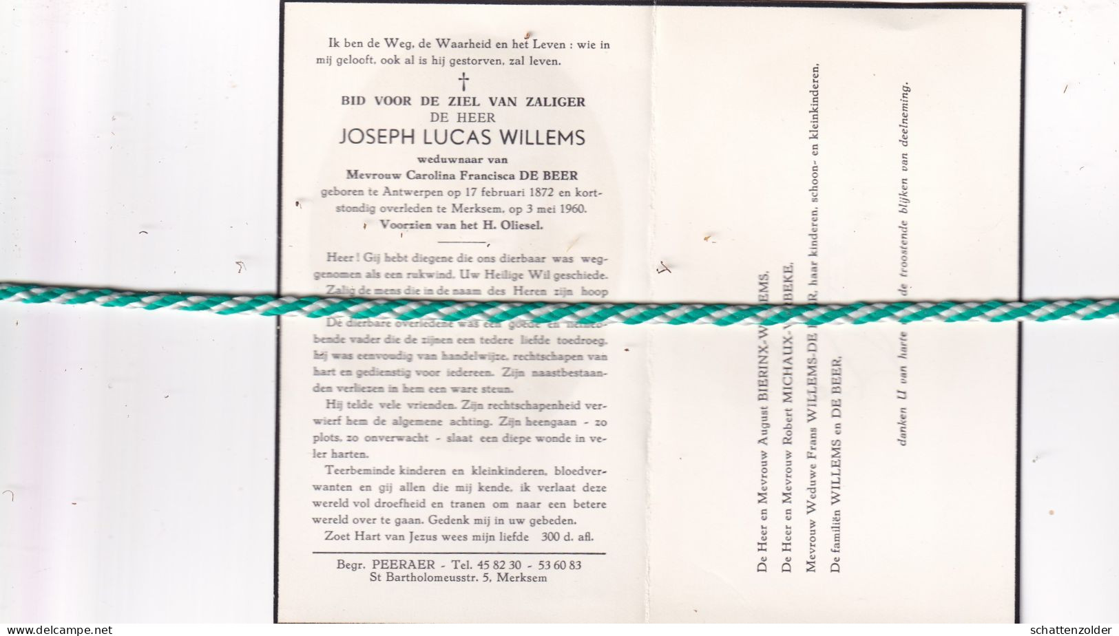 Joseph Lucas Willems-De Beer, Antwerpen 1872, Merksem 1960 - Esquela