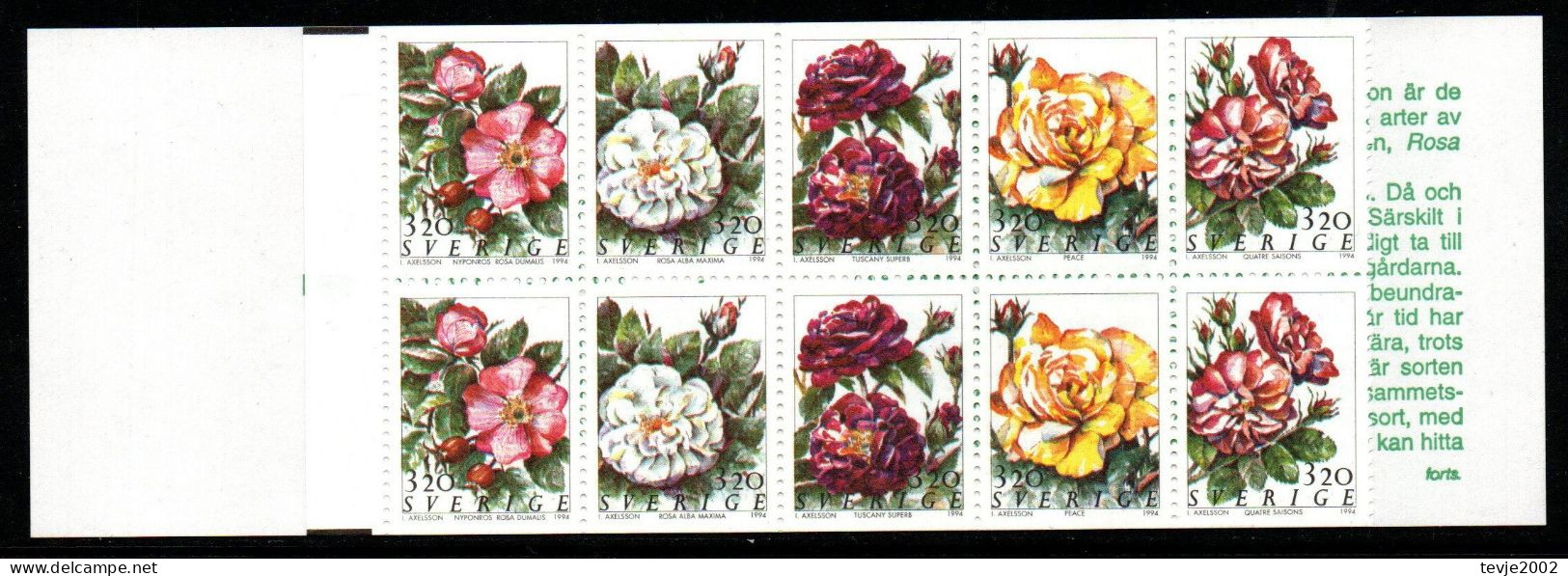 Schweden Sverige 1994 - Mi.Nr. 1823 - 1827 Markenheftchen 192 - Postfrisch MNH - Blumen Flowers Rosen Roses - Rosas