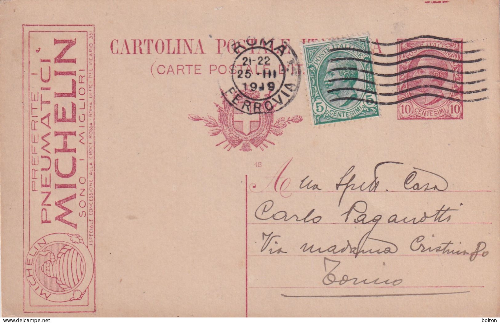 1918  Intero  Postale  10c Con  Pubblicità  PNEUMATICI MICHELIN Francobollo Aggiunto - Auto's