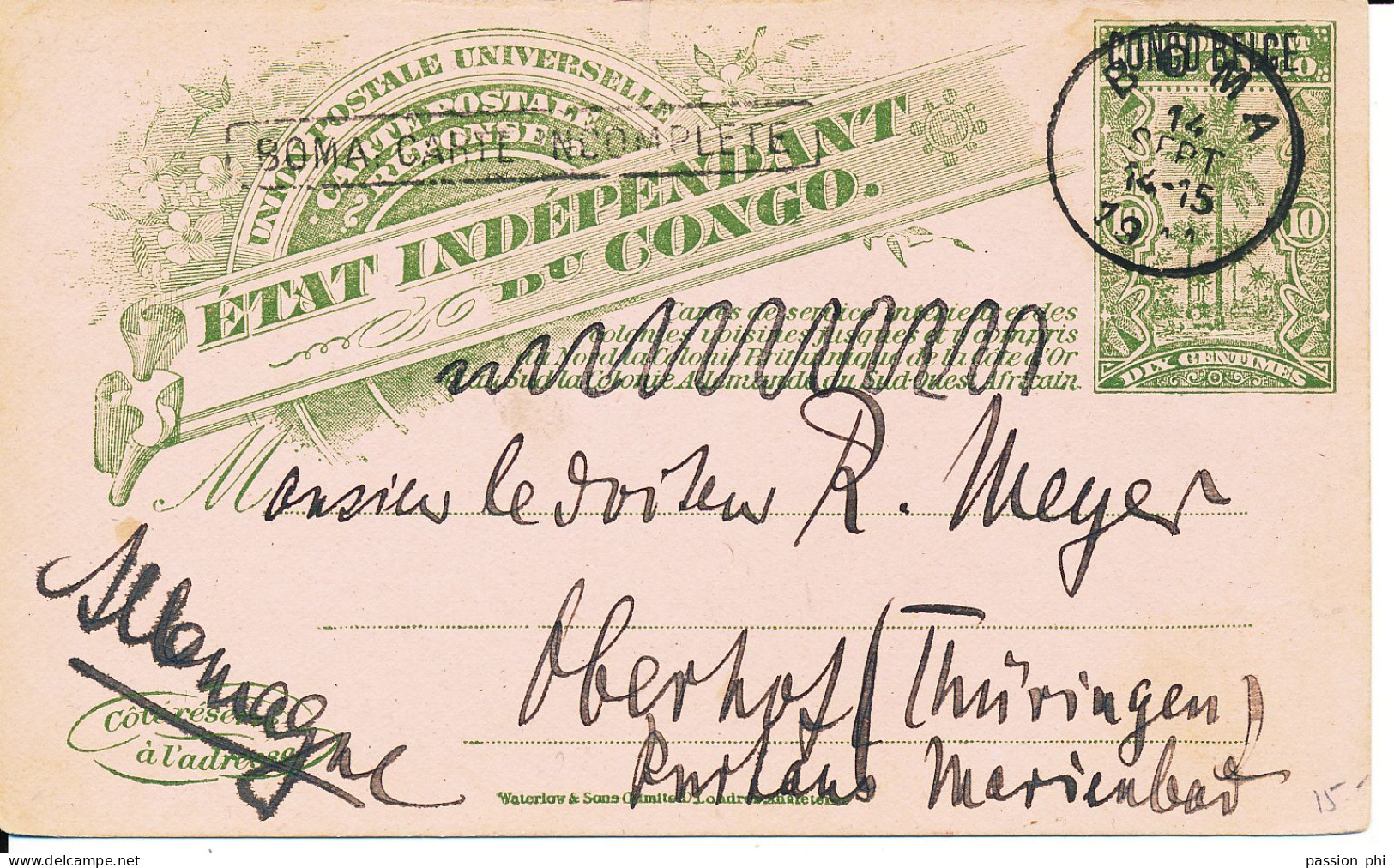 BELGIAN CONGO  PS SBEP 33TT REPLY "BOMA CARTE INCOMPLETE" BOMA 14.09.1911 TO GERMANY - Stamped Stationery