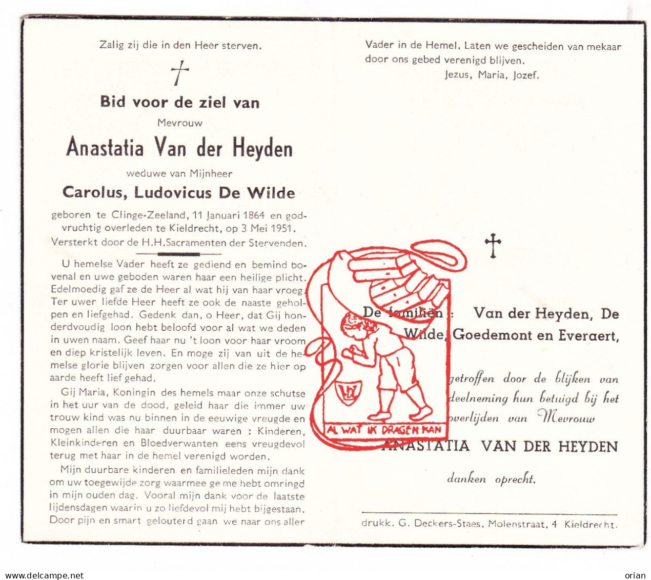 DP Anastatia Van Der Heyden ° Clinge Hulst NL 1864 † Kieldrecht Beveren Waas BE X Carolus De Wilde // Goedemont Everaert - Devotion Images