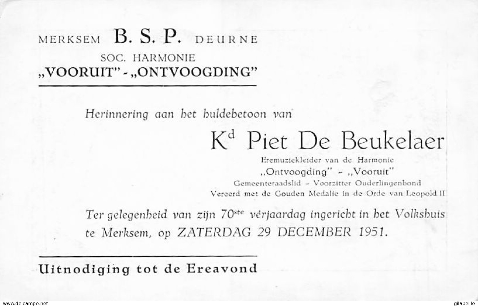 MERKSEM - MERXEM - Herinnering Aan Het Huldebetoon Van Kd Piet De Beukelaer - Eremuziekleider Van De Harmonie - Sonstige & Ohne Zuordnung