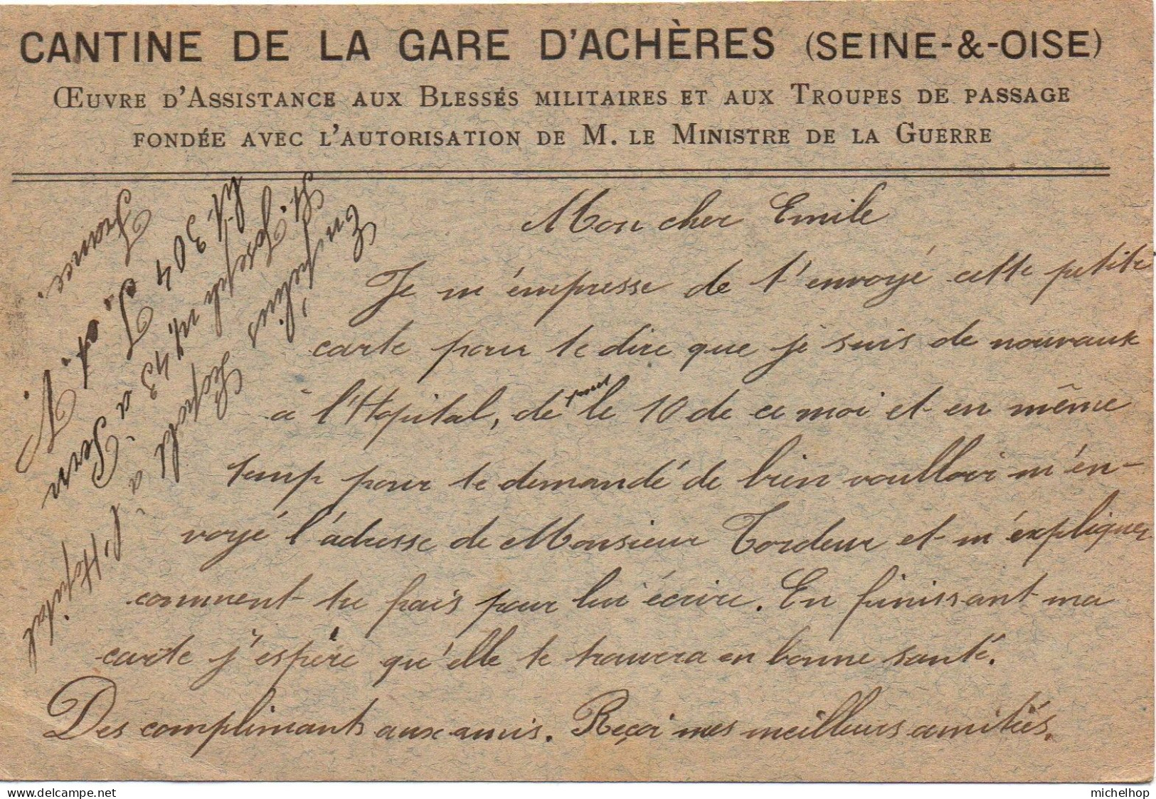 Carte Postale En Franchise Expédiée Par Un Militaire Belge Hospitalisé à St Pern - Repiquage Cantine Gare D'Achères - Belgisch Leger