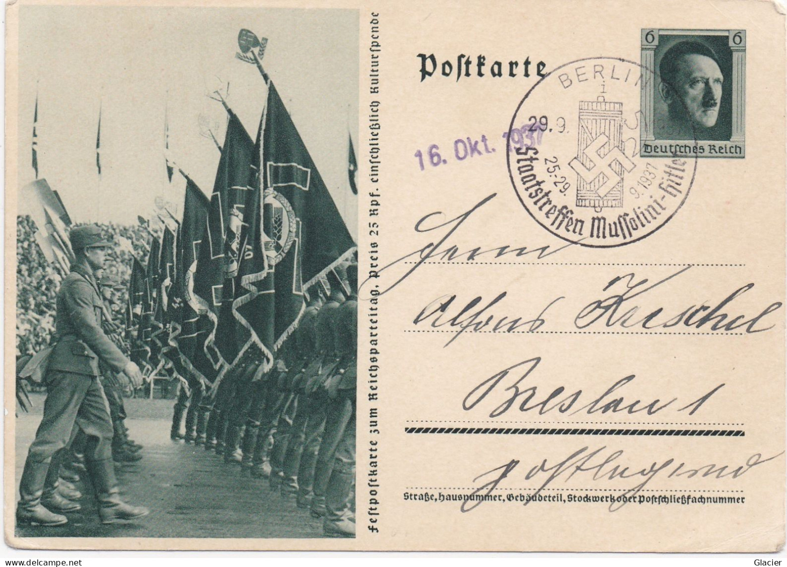 Festpostkarte Zum Reichsparteitag - Staatstreffen Mussolini-Hitler 25/29 - 9 -1937 - Propaganda 3e Reich - Guerre 1939-45