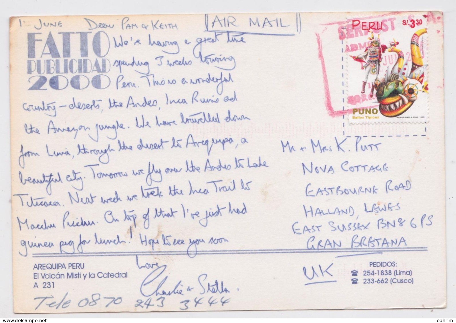 Pérou Peru Carte Postale Timbre Sello Bailes Tipicos Stamp Air Mail Postcard 2000 - Peru