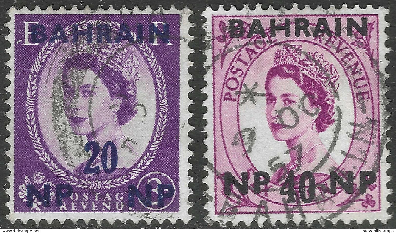 Bahrain. 1957-59 QEII Stamps Of GB Surcharged. 20np On 3d, 40np On 6d Used. SG 108, 110. M5011 - Bahrein (...-1965)