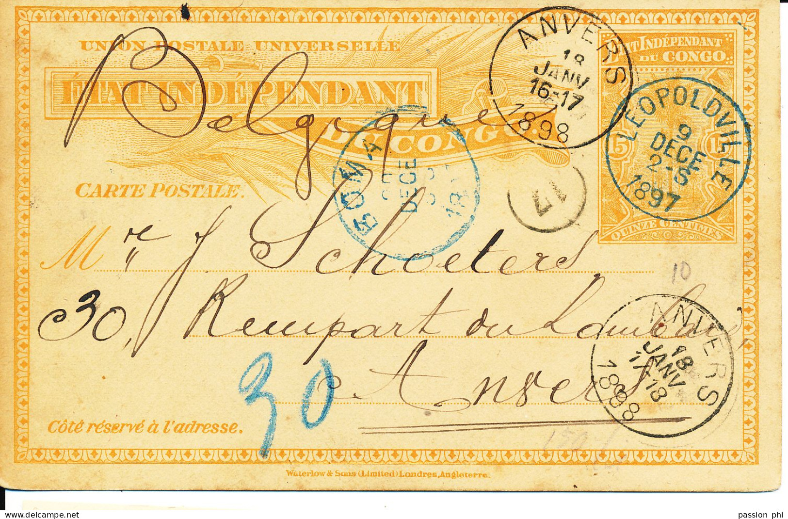 BELGIAN CONGO  PS SBEP 15 LEO. 09.12.1897 TO ANTWERPEN - Stamped Stationery