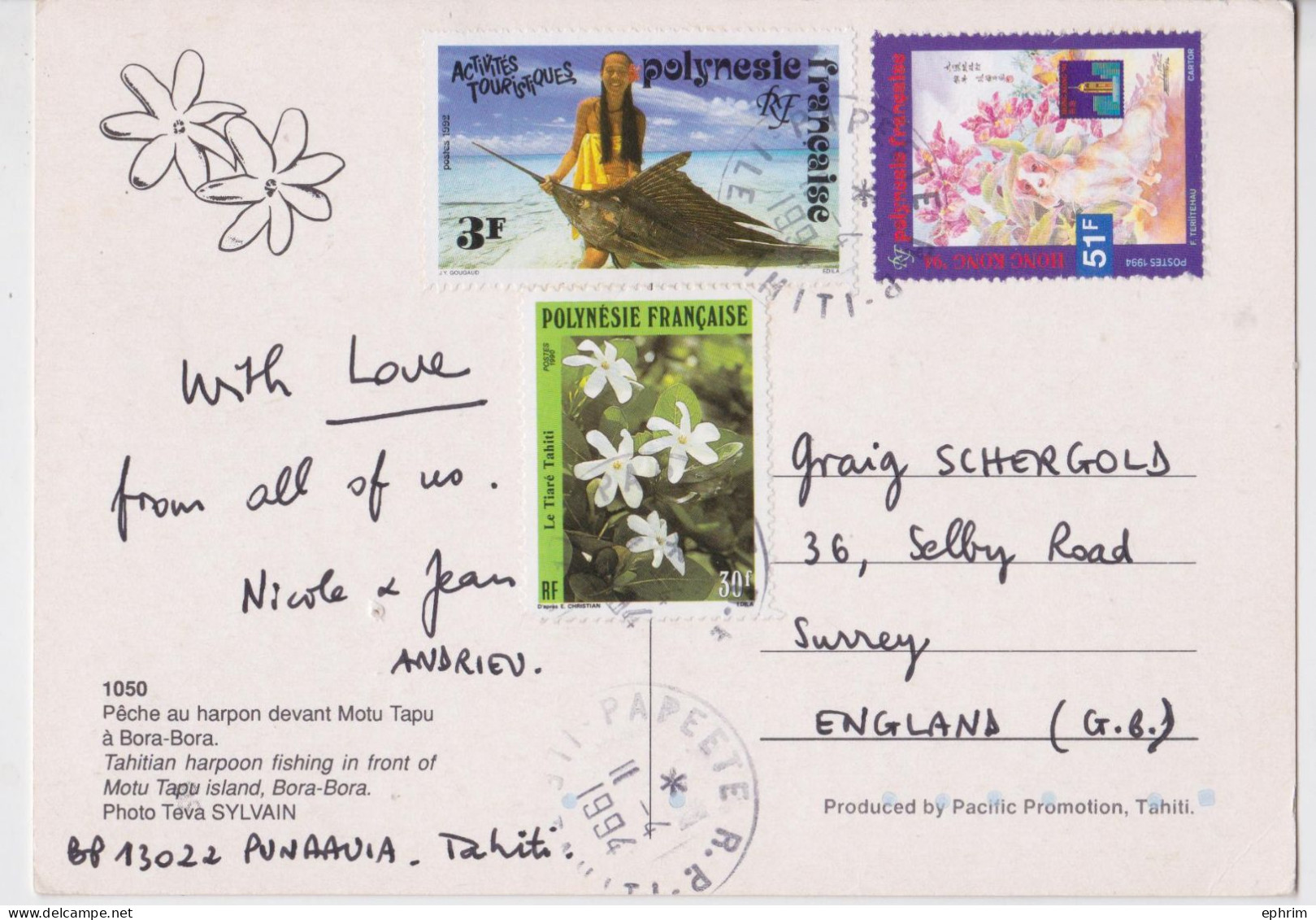Tahiti Polynésie Française Carte Postale Timbre Hong Kong 94 Exhibition Stamp Air Mail Postcard 1994 - Brieven En Documenten