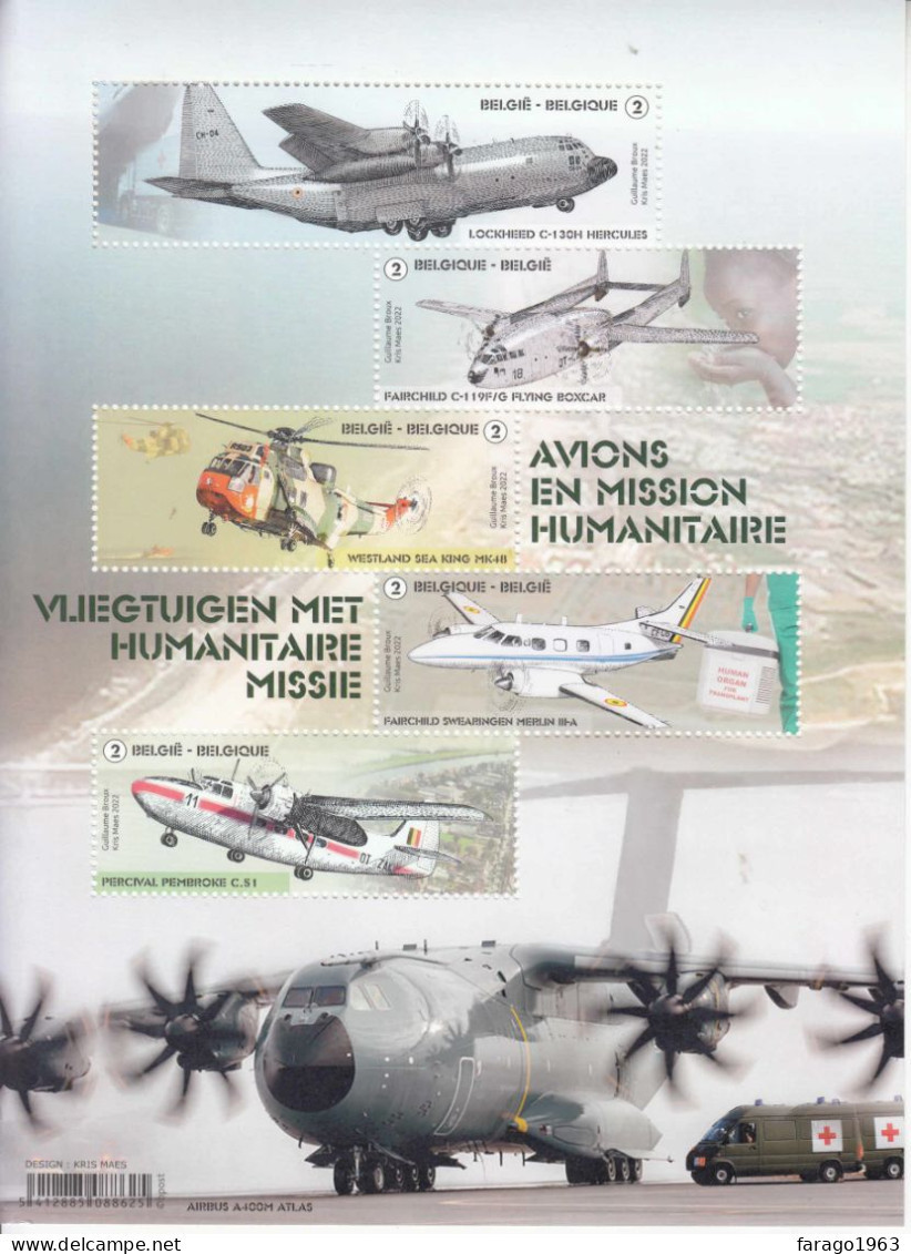 2022 Belgium Humanitarian Missions Aviation Airplanes Helicopters Miniature Sheet Of 5 MNH  @ BELOW FACE VALUE - Ungebraucht