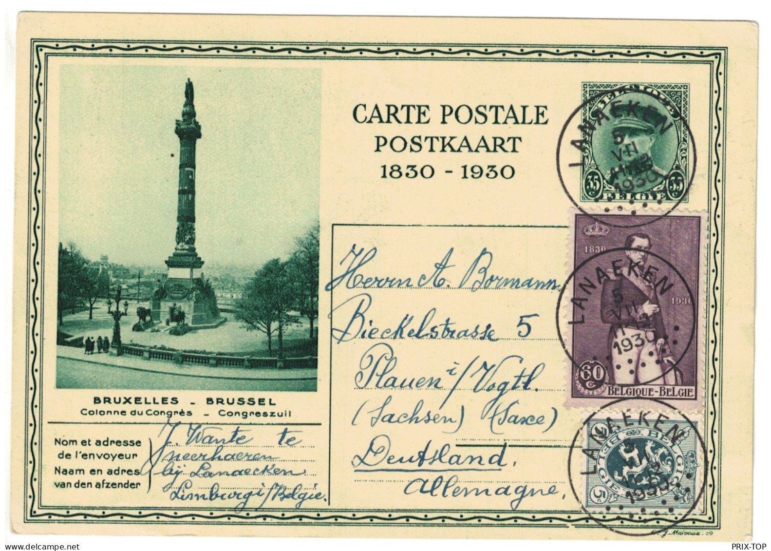 Entier CP 35 C Albert Képi + TP écrit De Neerhaeren (Neerharen)  Obl. Lanaeken(Lanaken)  5/7/1930 > Allemagne - Storia Postale