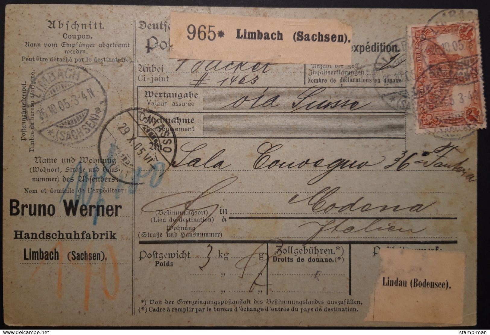 Deutsches Reich. 1905. Paketkarte Limbach-Modena. MiF Mi. Nr. 70 (8), 78A. - Covers & Documents